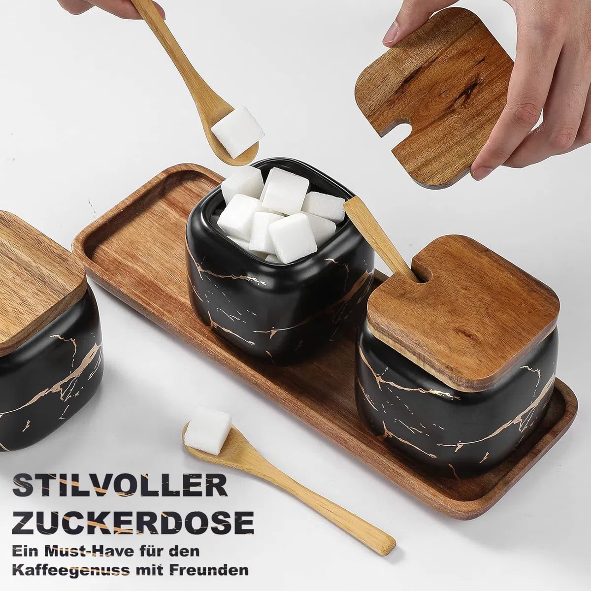 Set Zuccheriera in Ceramica, 3 pz Condimento Box con Coperchio e Cucchiaio e Vassoio, Spezia Jar Cucina Scatola Barattolo di Spezie, Utensili da Cucina Forniture per Spezie, Nero