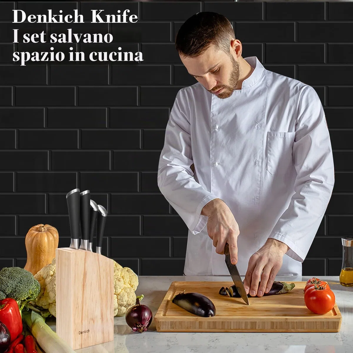 Coltelli da Cucina, 6 Pezzi Professionali Scoltelli da Cucina Tedesco in Acciaio Inossidabile, Ceppo con Blocco in Legno di Caucciù, Include Coltello da Chef, da Pane, da disco etc(8 pollici)