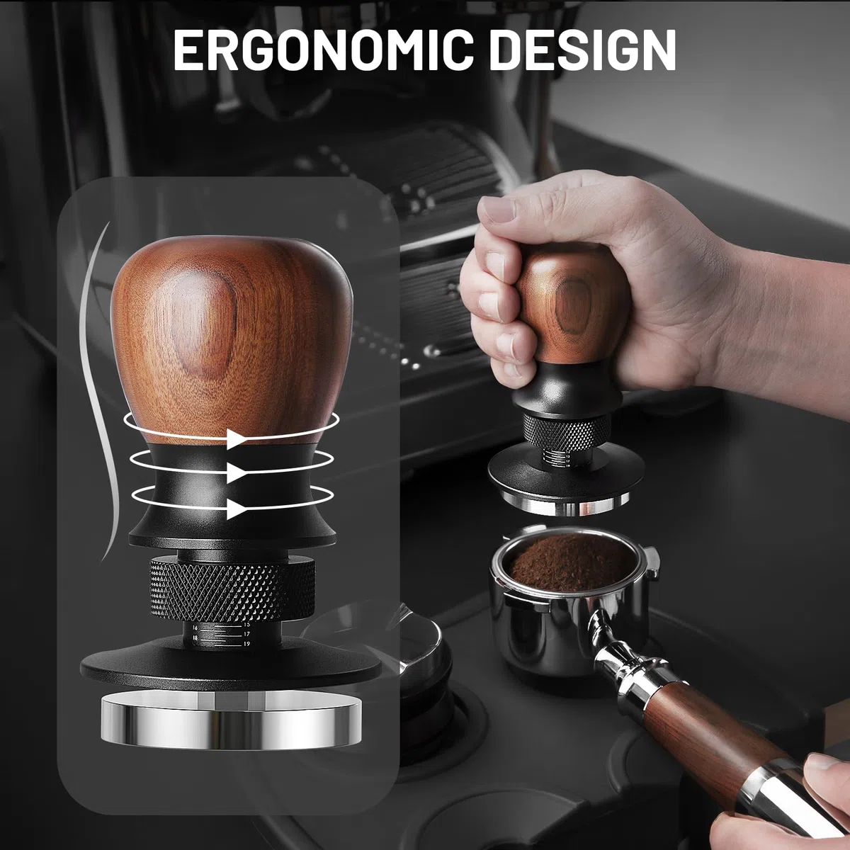 VINATO Pressa Caffè Espresso Professionale - Tamper Caffè 53.3mm con Sistema a Pressione Costante 30lbs, Profondità Regolabile, Impugnatura in Noce e Base in Acciaio Inox 304