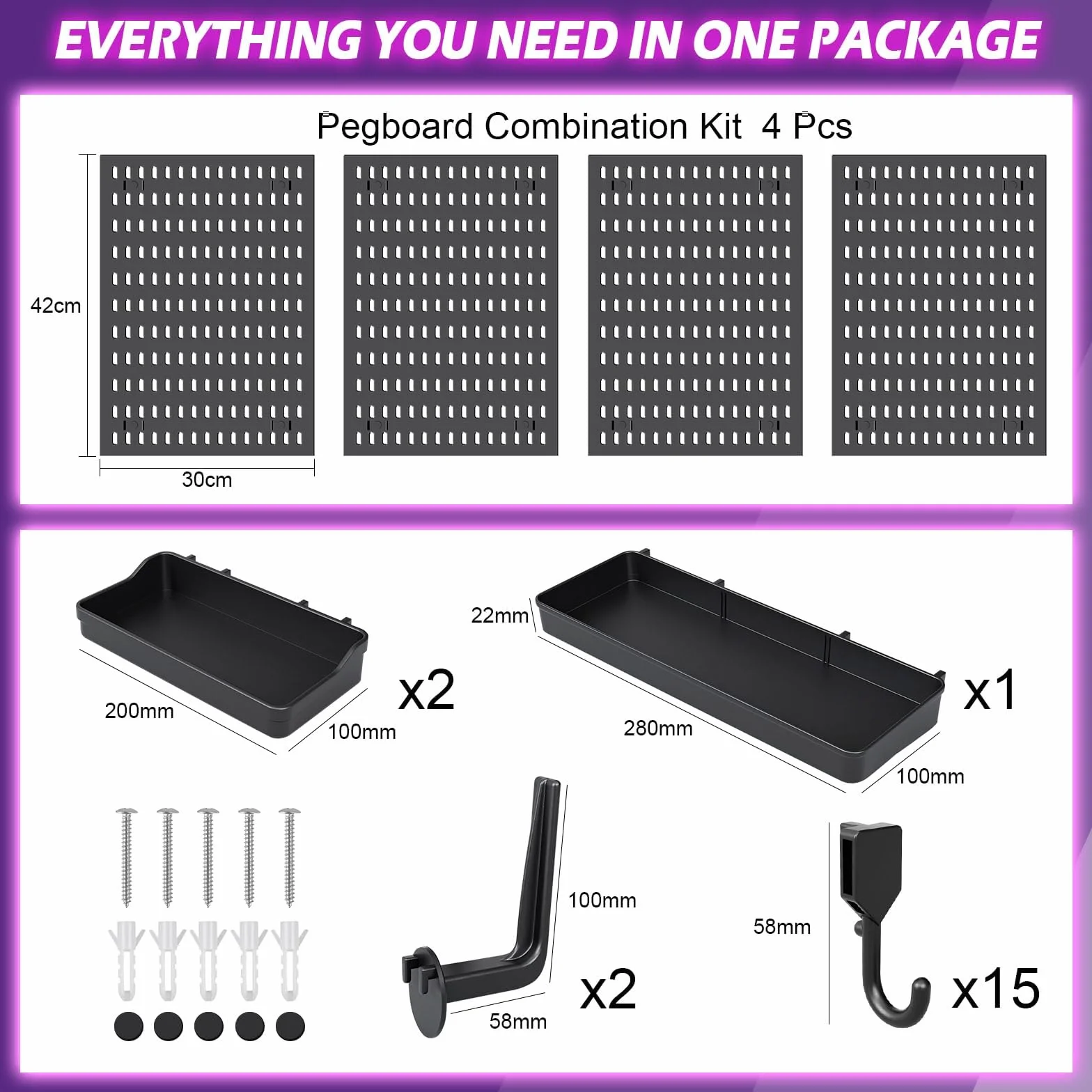 Set di 4 lavagne (42 x 30 cm) + 20 accessori per la conservazione della stanza, l'organizzazione e la decorazione, combinazione libera e facile da installare (nero)