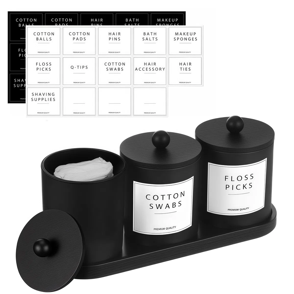 BIKALAN Contenitore in vetro per cotton fioc, tavolo da toeletta da bagno, con vassoio, dispenser di batuffolo di cotone (nero opaco, 3)
