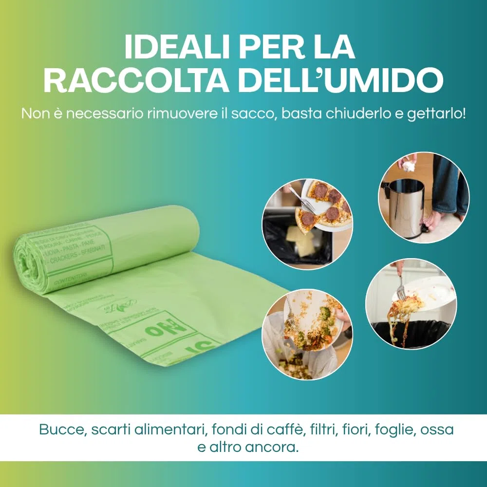 100 Sacchi Raccolta Umido e Organico misura cm 70x110 (110 Litri) sacchetti spazzatura biodegradabili e compostabili