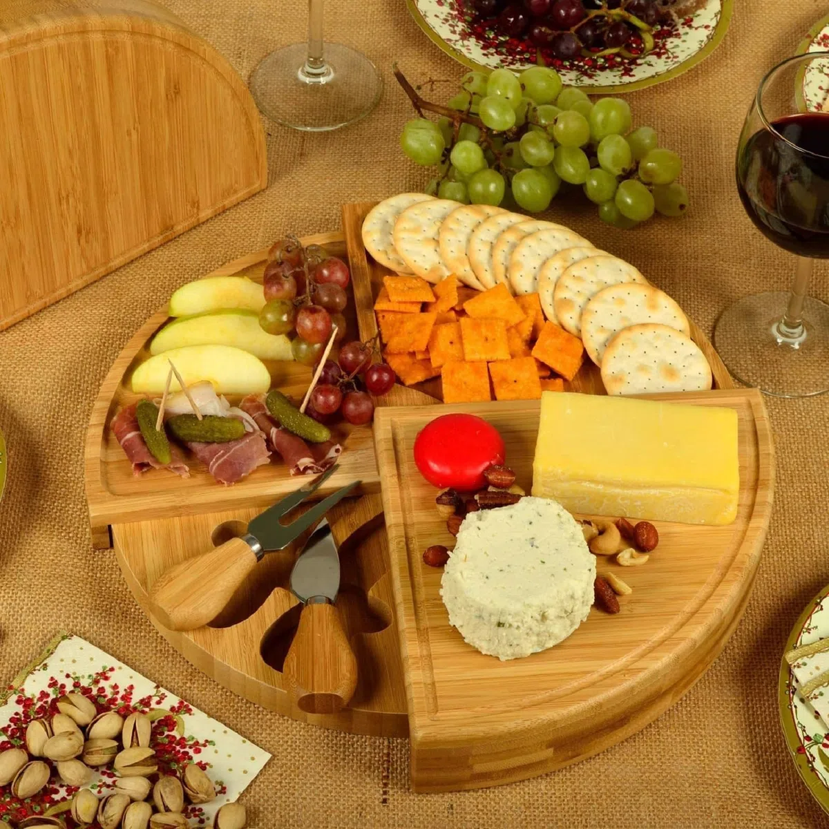 in Legno Tagliere Aperitivo, Rotonda e Girevole Latagliere per Formaggio Set 3 Coltelli 1 Forchetta, Tagliere Legno Regalo Casa Nuova