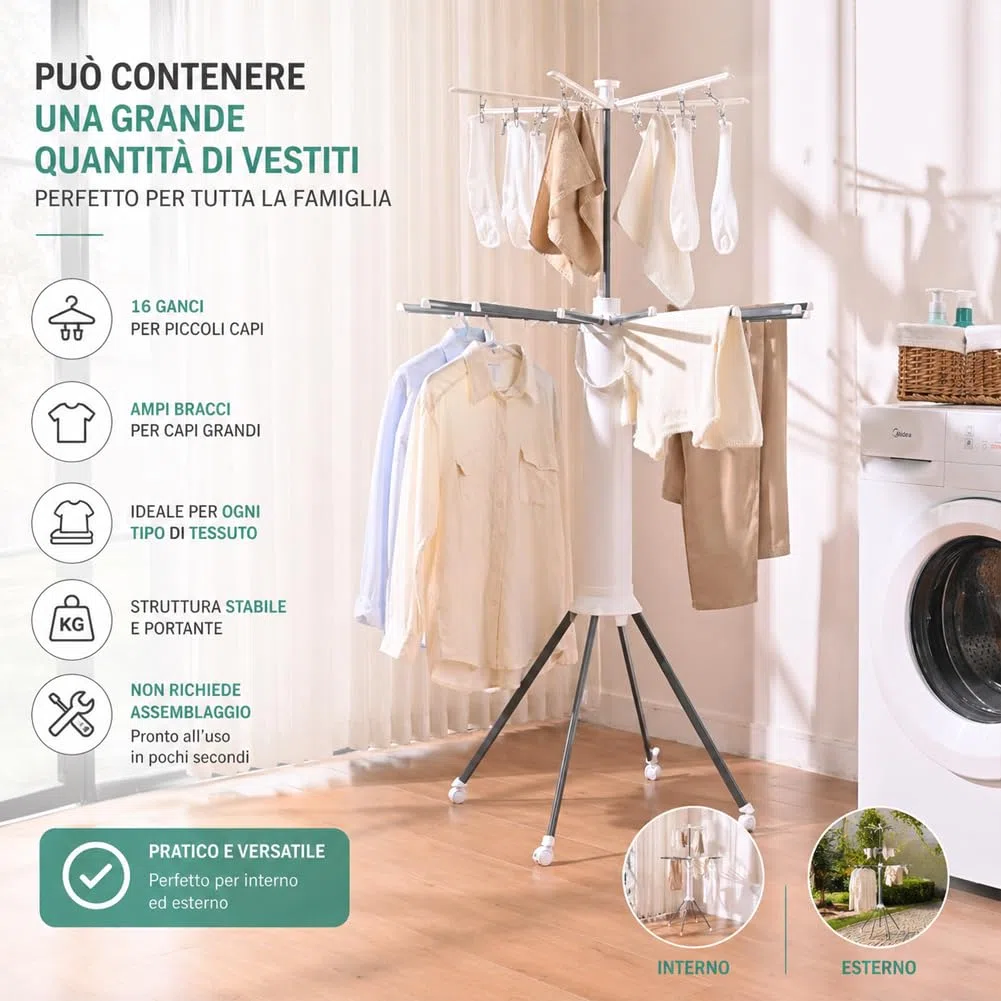 BAKAJI Stendibiancheria Octopus Girevole e Pieghevole con 16 Aste e 3 Gambe, Stendino con Ruote Salvaspazio per Interni e Esterni, Alta Capacità per Asciugatura Omogenea, Supporto Panni Design Moderno