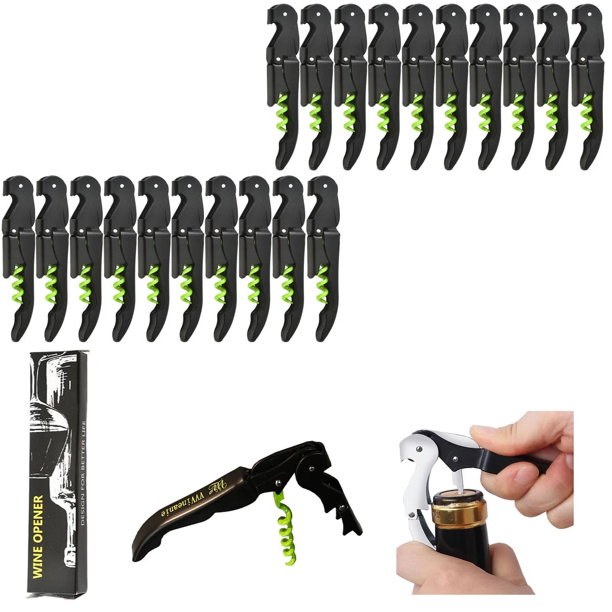 Opener Bottiglia di Vino, 70G Spessore in Acciaio Inossidabile Doppia Cerniera Chiave con Foglio Cutte per Camerieri Ristorante, Cameriere Professionale Tirasorpi Set di Apertori (10PCS, verde)