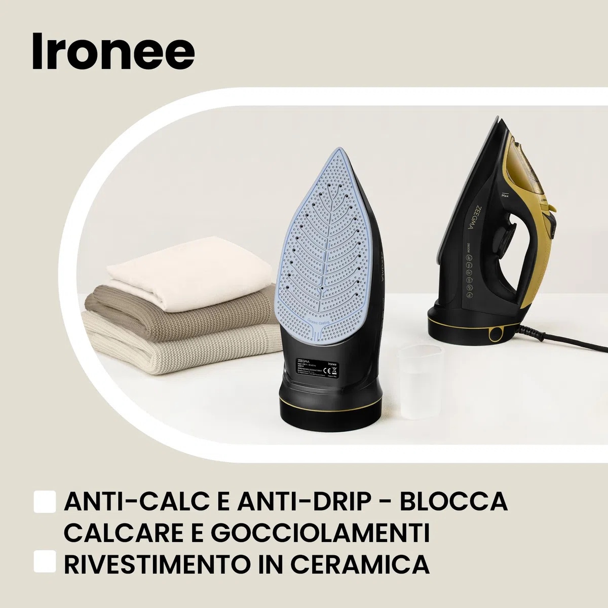 ZEEGMA IRONEE Ferro da stiro senza fili e con fili, Con rivestimento in ceramica 2600W, Stiratura orizzontale e verticale Serbatoio 320ml autopulente Antigoccia e anticalcare Stiratura
