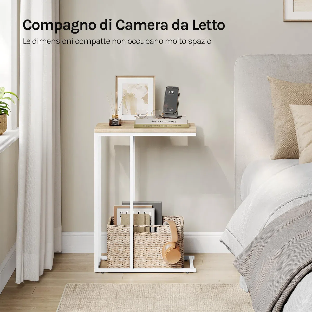 WOLTU Tavolino a Forma di C, Tavolino Compatto con Struttura in Metallo e Piano in Legno Ingegnerizzato, per Divano/Letto/Soggiorno/Camera da Letto, L45xP25xH63,5cm, Rovere chiaro+bianco