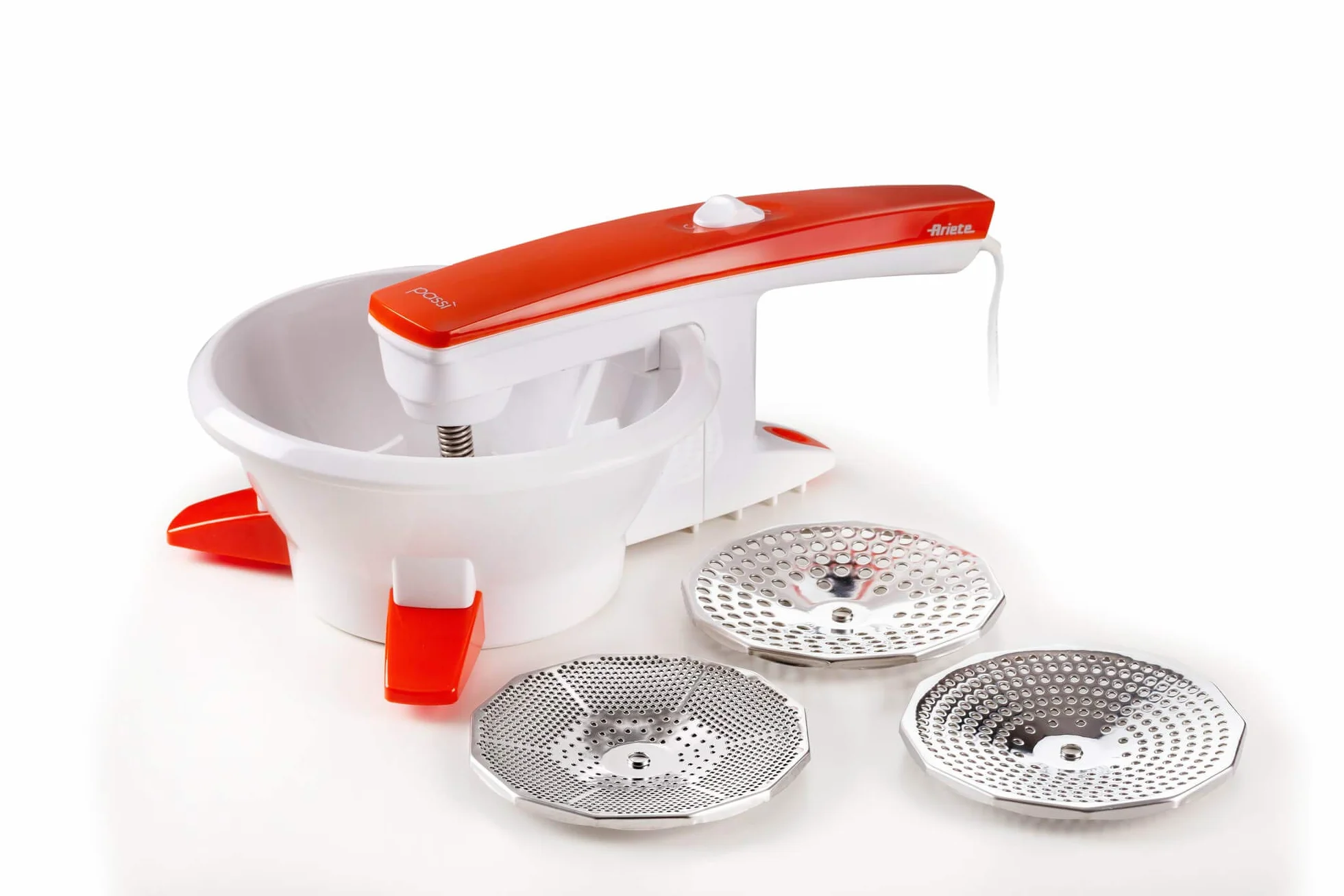Ariete Passì Orange 2.0 261, Passaverdure Elettrico, 3 Dischi in Dotazione, Smontabile e Lavabile in Lavastoviglie, 25W, Bianco/Arancione