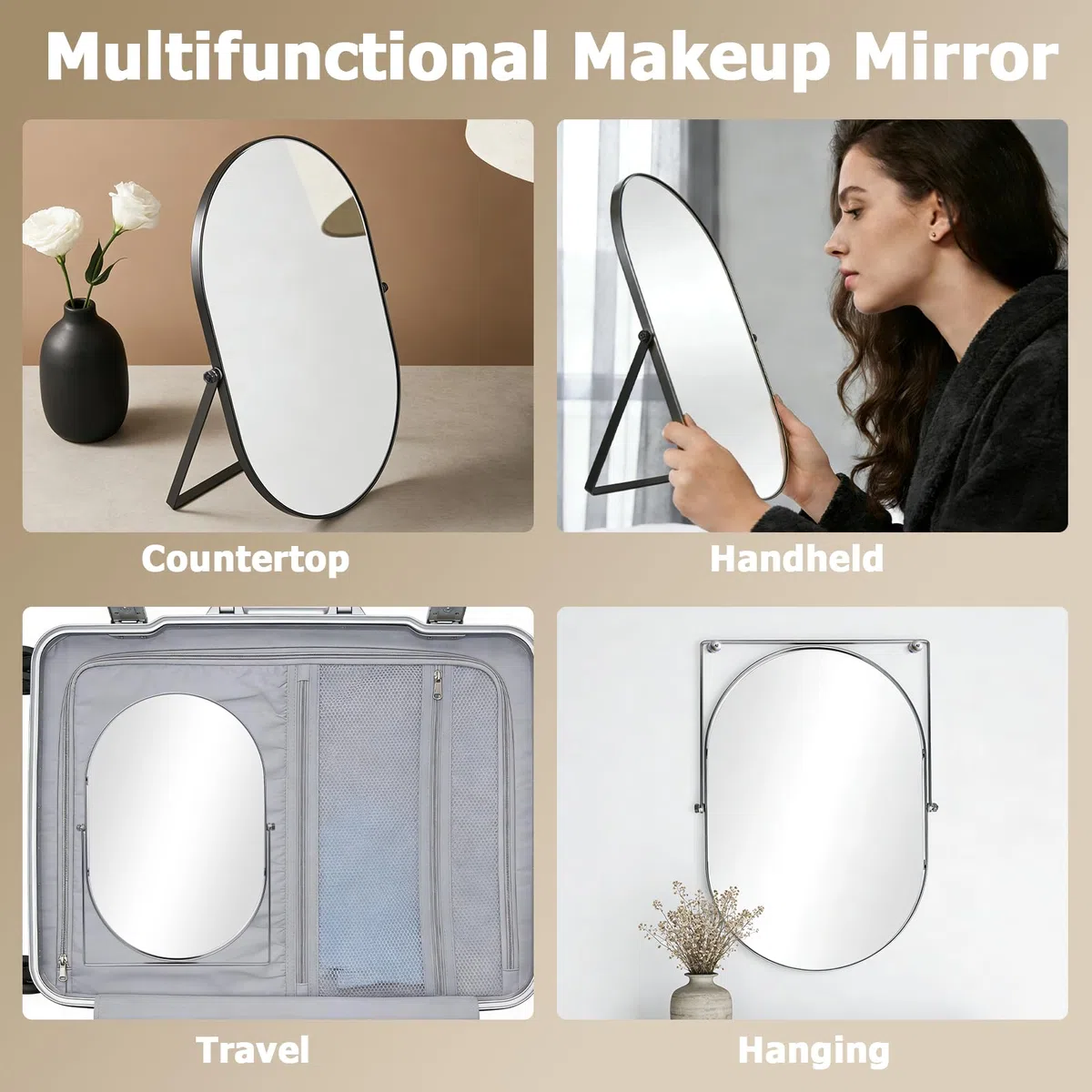 TSKDKIT Specchio cosmetico, Specchio da trucco ovale con cornice in metallo nero cromato, 31L cm x 22.5W cm Specchio da tavolo portatile per tavolo, bagno, comò, soggiorno, camera da letto, ufficio