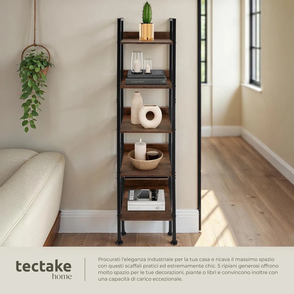 tectake® Scaffale a Scala, Libreria Verticale con 4 Ripiani, Struttura in Acciaio porta libri, Libreria Verticale, Facile Montaggio - 35,5 x 31,5 x 170 cm - Legno industriale scuro