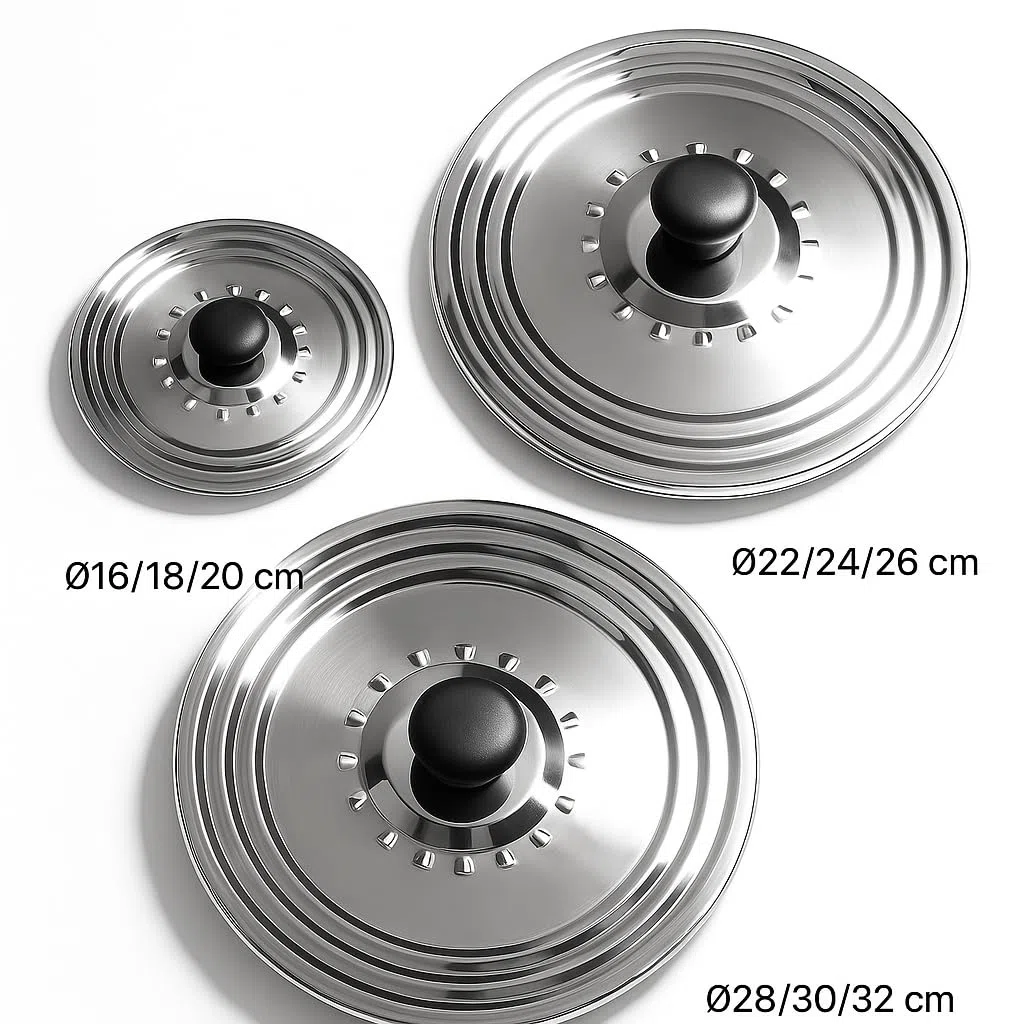 Set di 3 coperchi in acciaio inox anti grasso o antiproiezione Ø16/18/20 – Ø22/24/26 – Ø28/30/32 cm, tutti i diametri necessari coperchi per pentole e padelle, coperchio pentola, coperchio padella