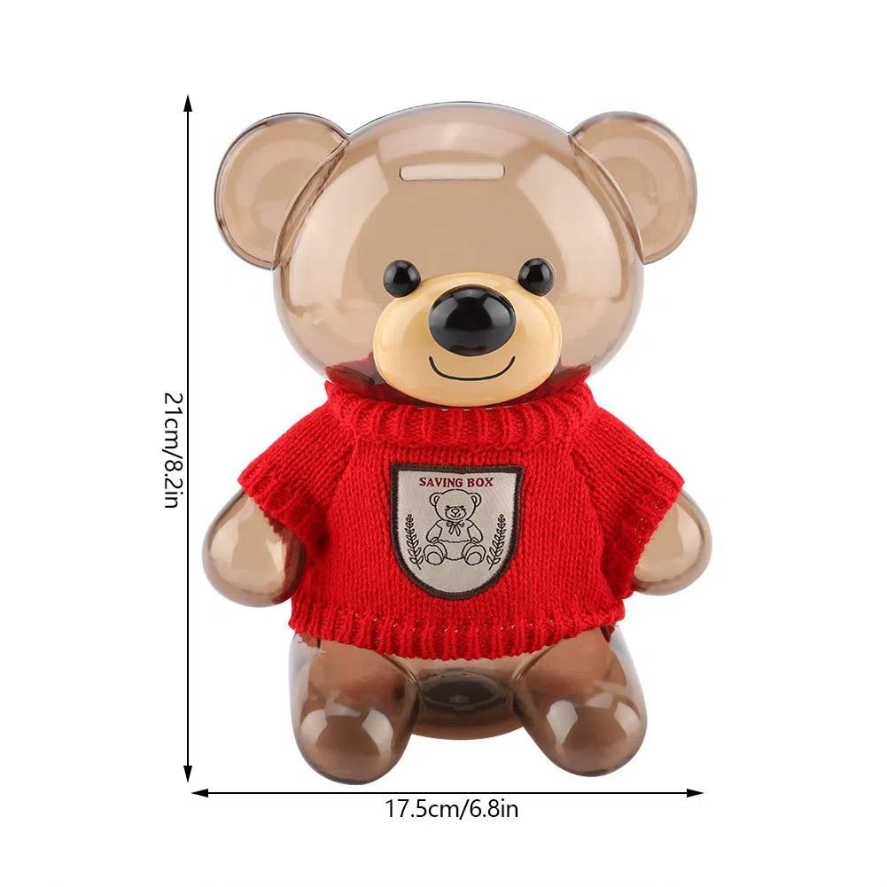 Fdit Salvadanaio Grande, Salvadanaio per Bambini, Salvadanaio, Salvadanaio, Cartone Animato, Vestiti, Orso, Plastica Trasparente(Orso Trasparente in Rosso)