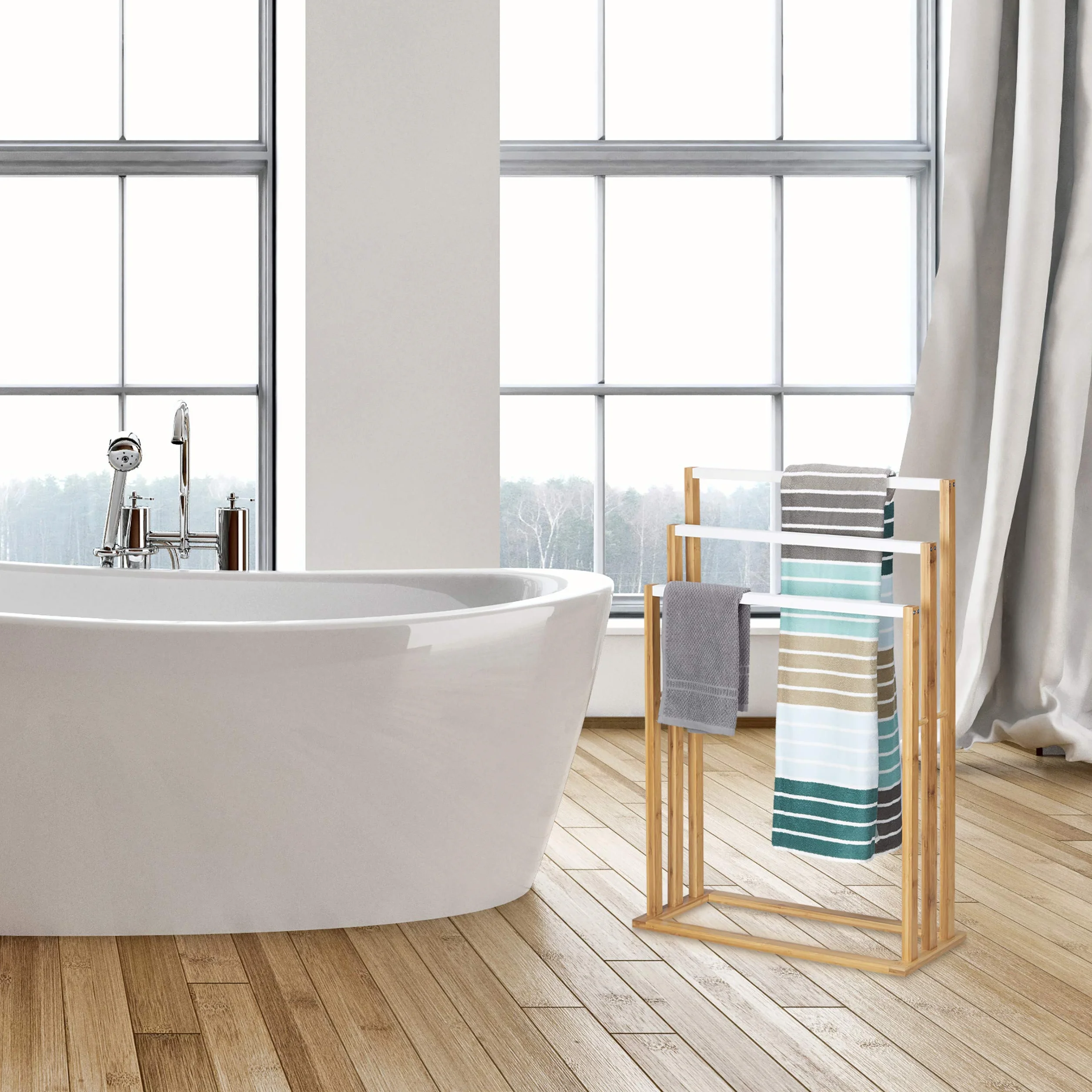 Relaxdays Porta Asciugamani da Terra in Bambù, HLP: 82 x 54 x 24 cm, Portasciugamani da Pavimento Autoportante, Marrone