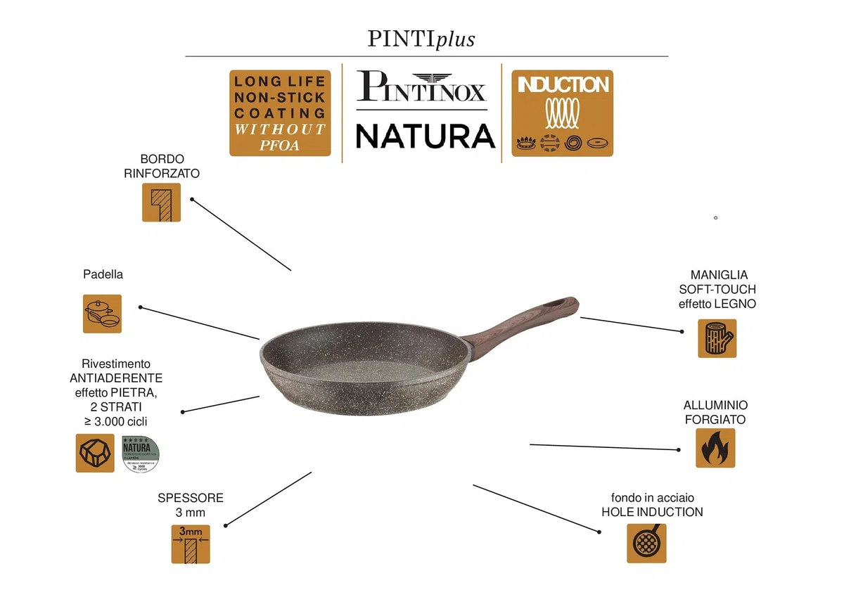 PINTINOX Natura Padella per Crepes, Crepiera Antiaderente Effetto Pietra, Adatta all'induzione, con Manico Effetto Legno, Diametro 25 cm