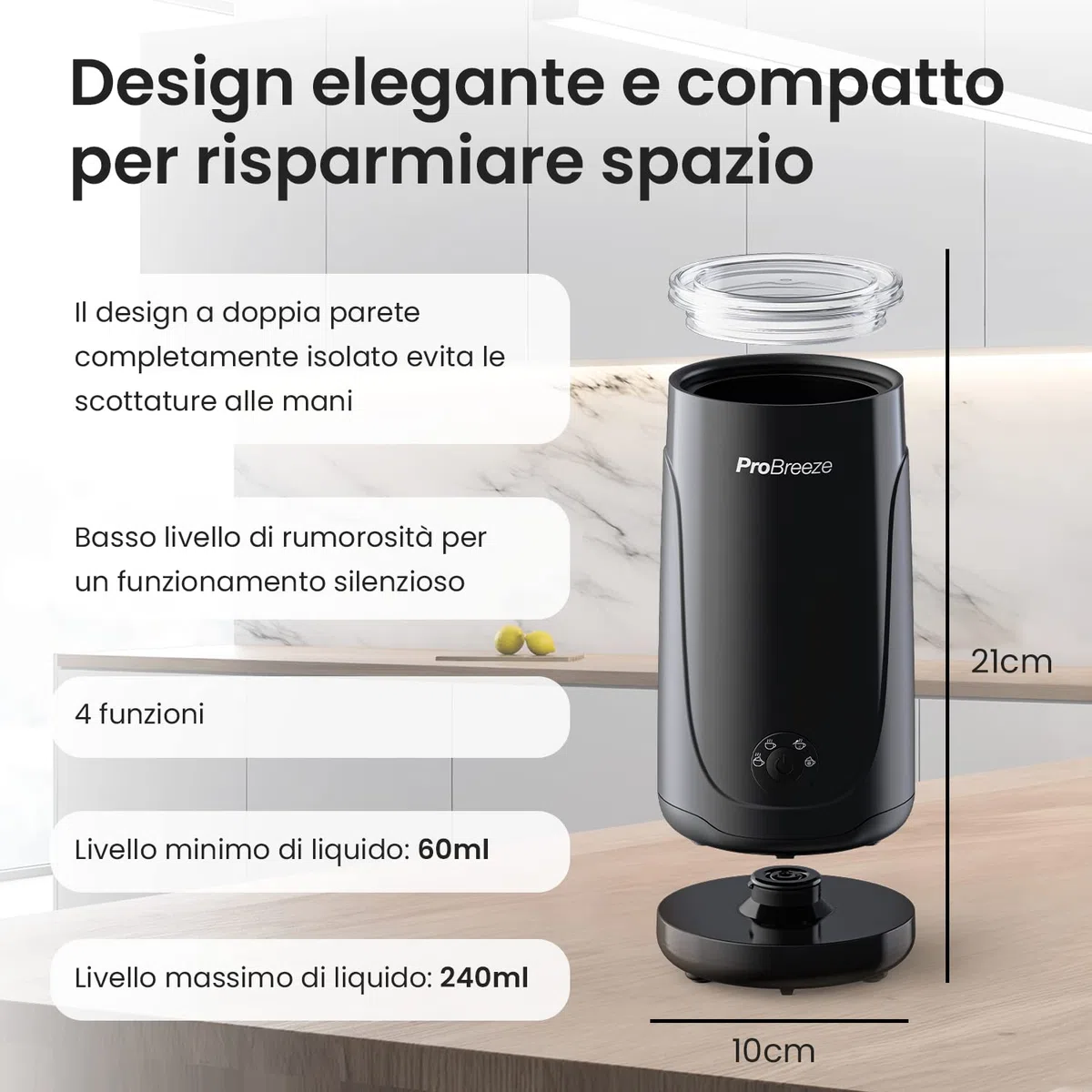 Pro Breeze, Montalatte elettrico automatico - Frullino elettrico 240 ml per caffè, cioccolata calda, frappe ghiacciati – Montapanna e schiumalatte, Nero