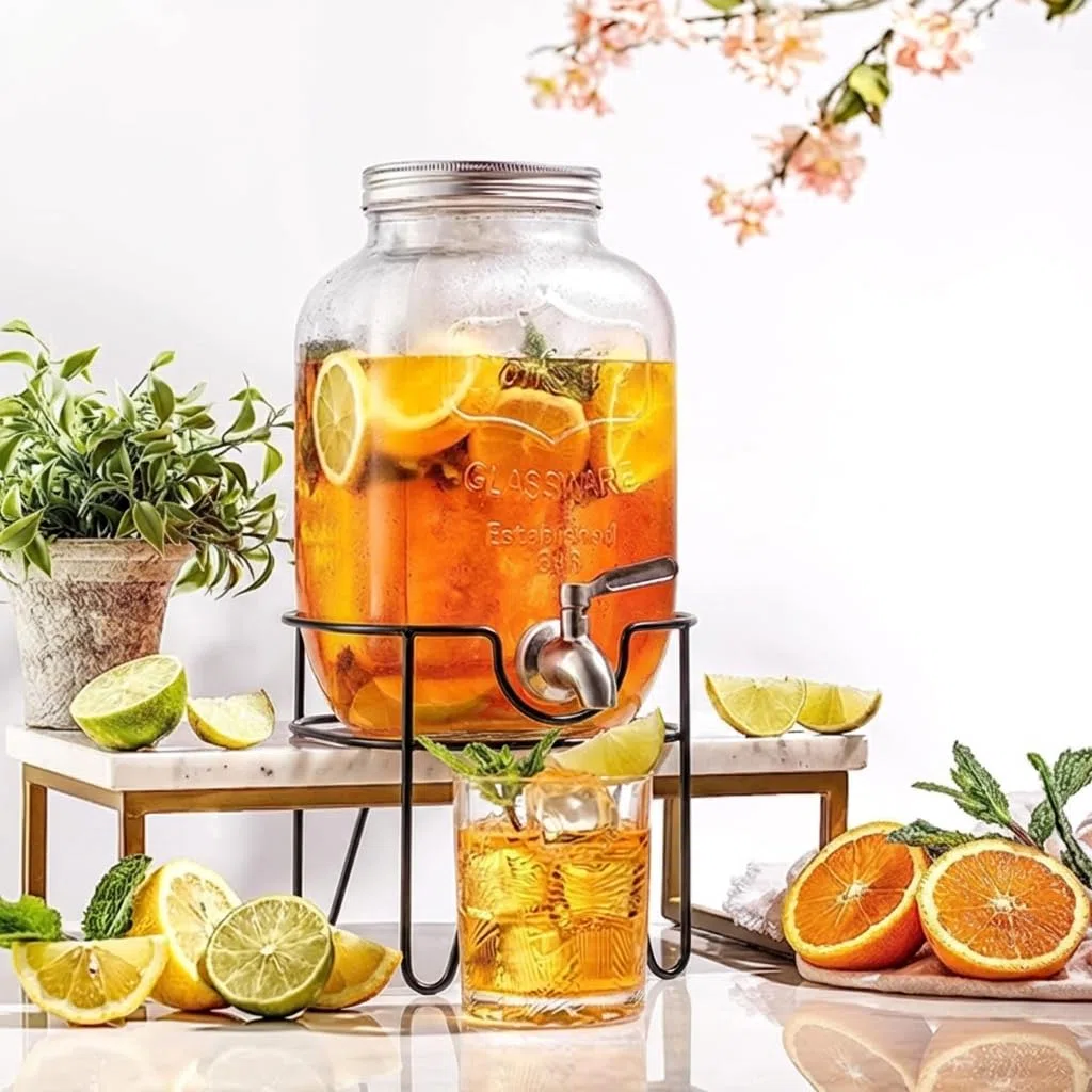 Dispenser in Vetro per Bevande 4L con Rubinetto Cromato, Lavabile in Lavastoviglie, Campeggio o Aperitivi, Ideale Per Bar, Cucina, Pub, Ristorante, Contenitore Distributore Acqua Con Supporto