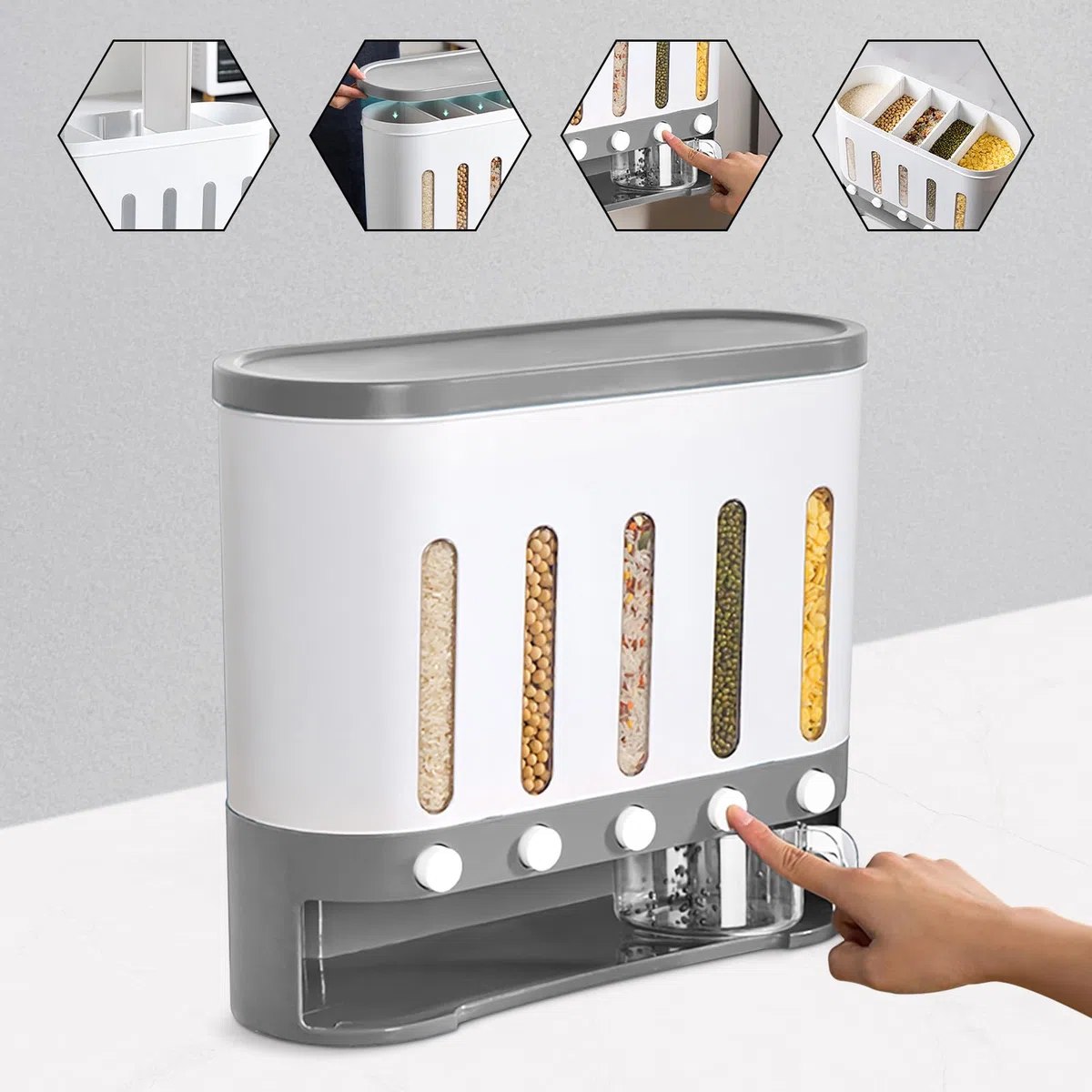 Dispenser per cereali a 5 scomparti trasparente (40 x 15 x 34 cm) con misurino, moderno dispenser per cereali per cornflakes, noci e riso, pratico contenitore da cucina con divisori