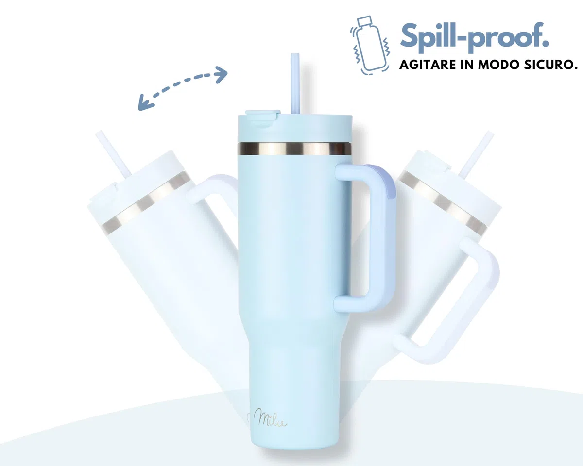 Milu Tazza termica a doppia parete 1200ml con cannuccia e manico, 24h ghiacciato / 12h caldo Tumbler 40oz in acciaio inox con manico, bottiglia isolante da portare con sé (Morning Blue, 1200ml)