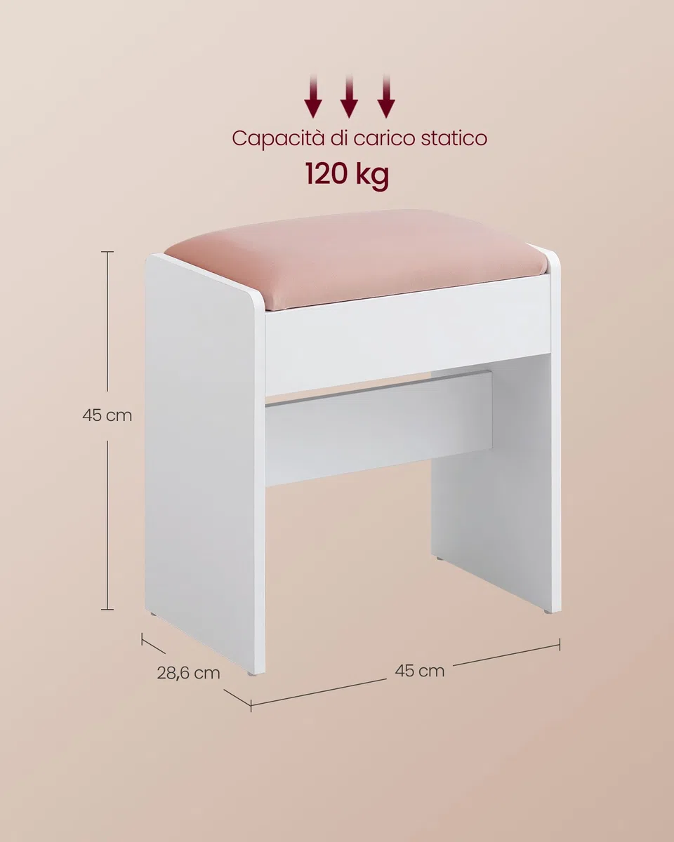 VASAGLE KAILYN Collezione - Sgabello Toeletta Trucco, Sgabello Imbottito Trucco, Velluto, Piedini Antiscivolo, Camera da Letto Armadio Ingresso, Stile Moderno, Bianco Opaco e Rosa Pastello RDS001W01