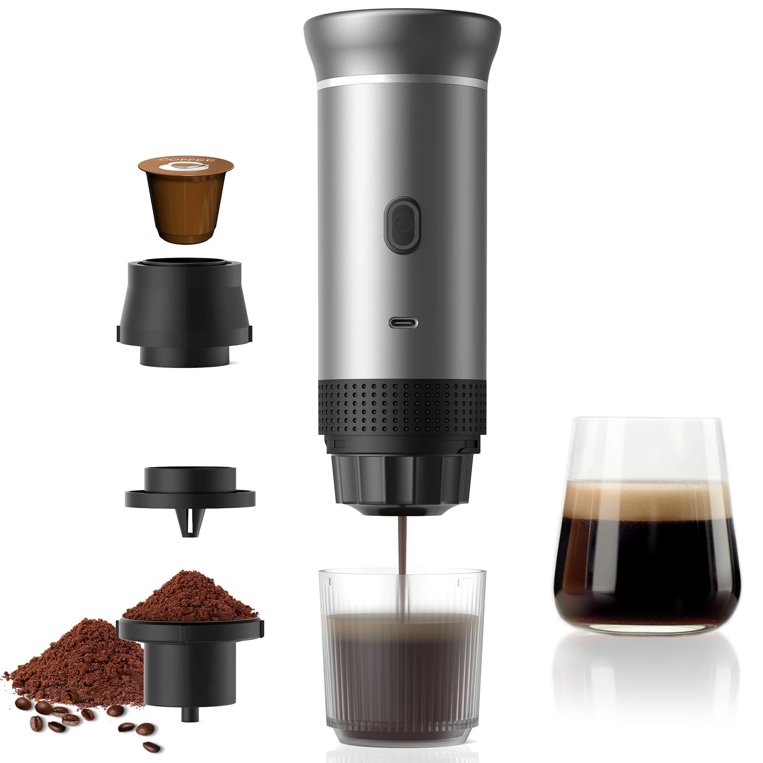 Vunzo Macchina per caffè espresso elettrica portatile, auto-riscaldamento con USB-C, macchina da caffè a capsula Mini, macchina da caffè da viaggio, macchina da caffè da campeggio