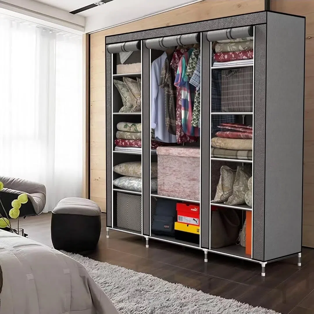 Armadio in Tessuto, Guardaroba Pieghevole Salvaspazio, Appendiabiti, Scaffale per Borse, Giocattoli, Scarpe, Soggiorno, Camera da Letto, 150 x 45 x 170 cm (Grigio)