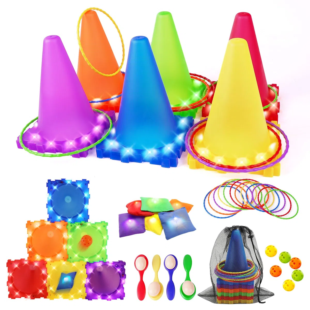 CLEMAS 35 pz Giochi di Lancio Luminosi 5 in 1 per Bambini – Set da Giardino con Cornhole, Anelli & Corsa con l’Uovo – Attività Outdoor per Compleanni e Feste