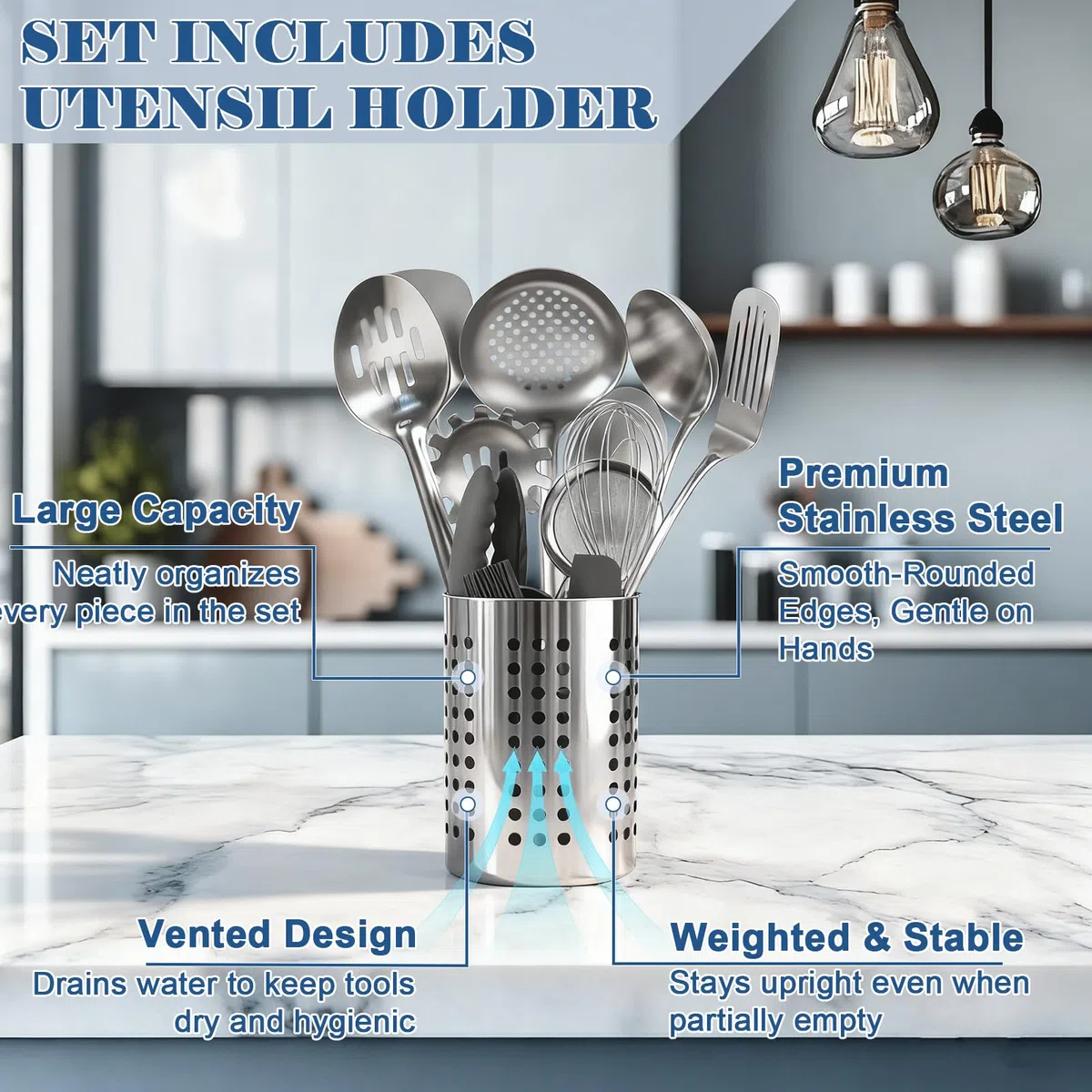 BEWOS Set Utensili Cucina da 15 Pezzi - Utensili da Cucina in Acciaio Inossidabile con Paletta e Portautensili, Non Tossico, Lavabile in Lavastoviglie e Resistente al Calore