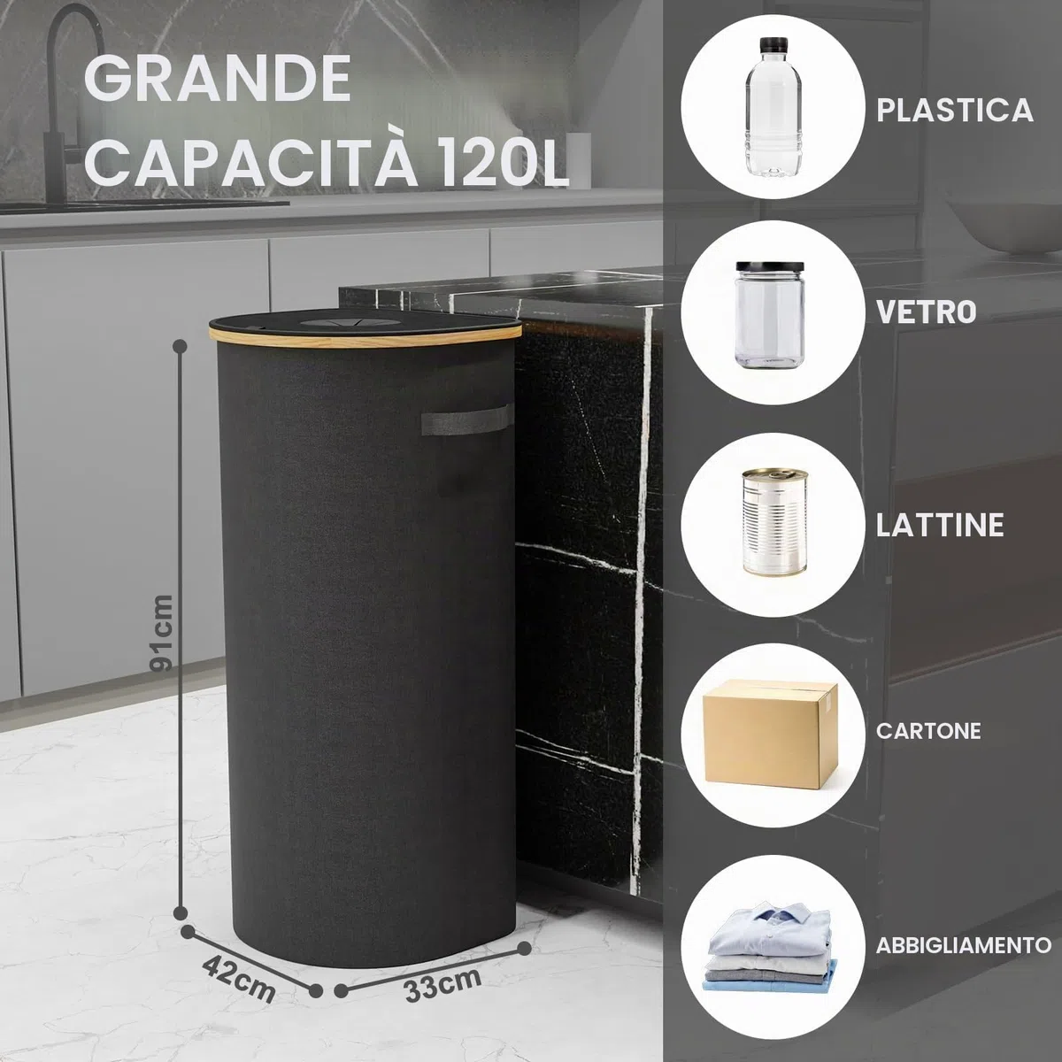 120L Cestino per rifiuti con coperchio e sacchetto interno,Cestino per riciclaggio grande con coperchio, Cestino per rifiuti da cucina grande, Cestino pieghevole per biancheria Sporca