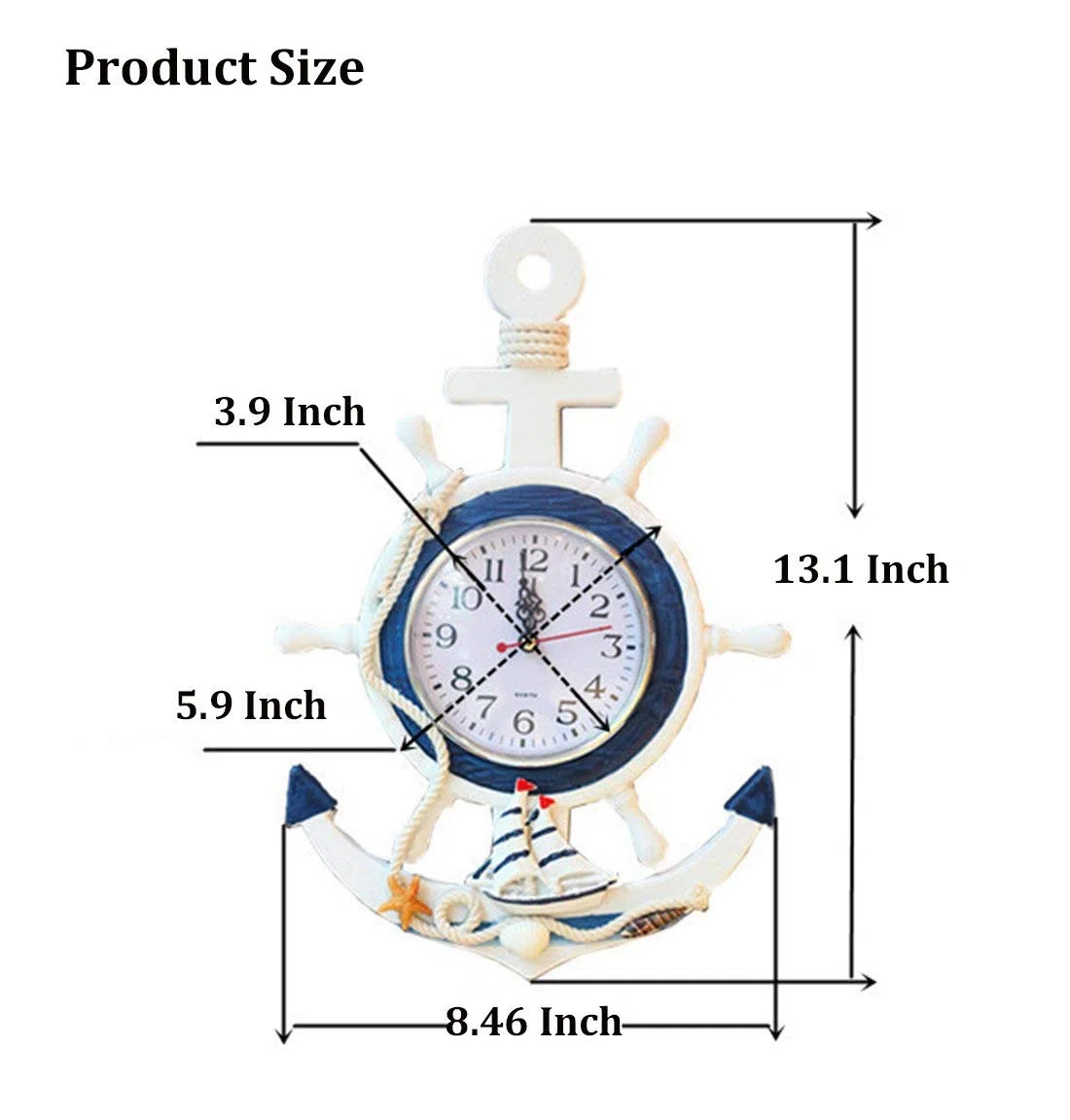 Orologio da parete per bambini, in legno, decorazione marittima, con timone, ancora, rete di pesce, stile shabby chic, decorazione da parete per soggiorno, camera da letto, cameretta dei bambini