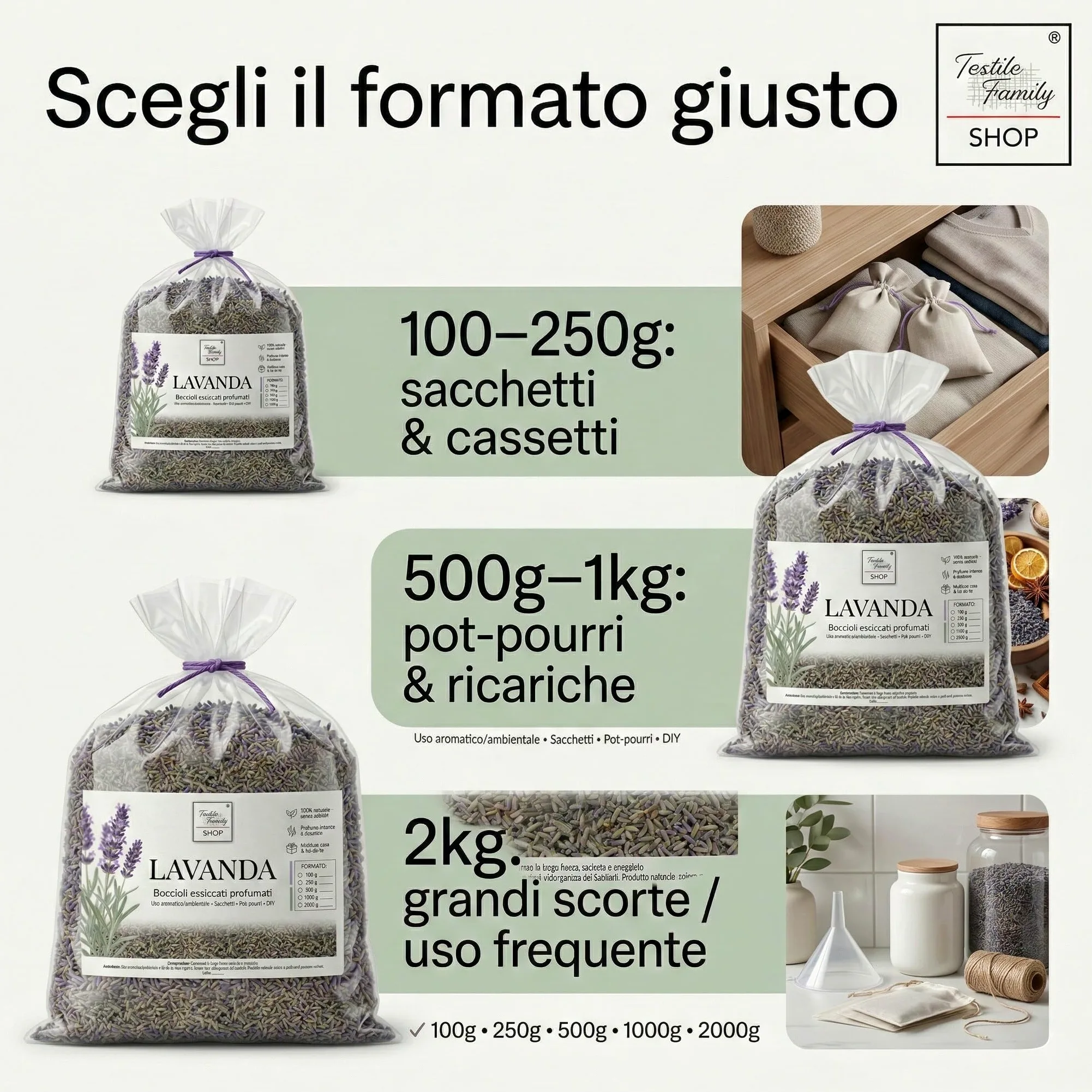 Tex family Lavanda essiccata boccioli profumati Made in Italy sacchetti armadi, pot-pourri e DIY - 1000 Grammi