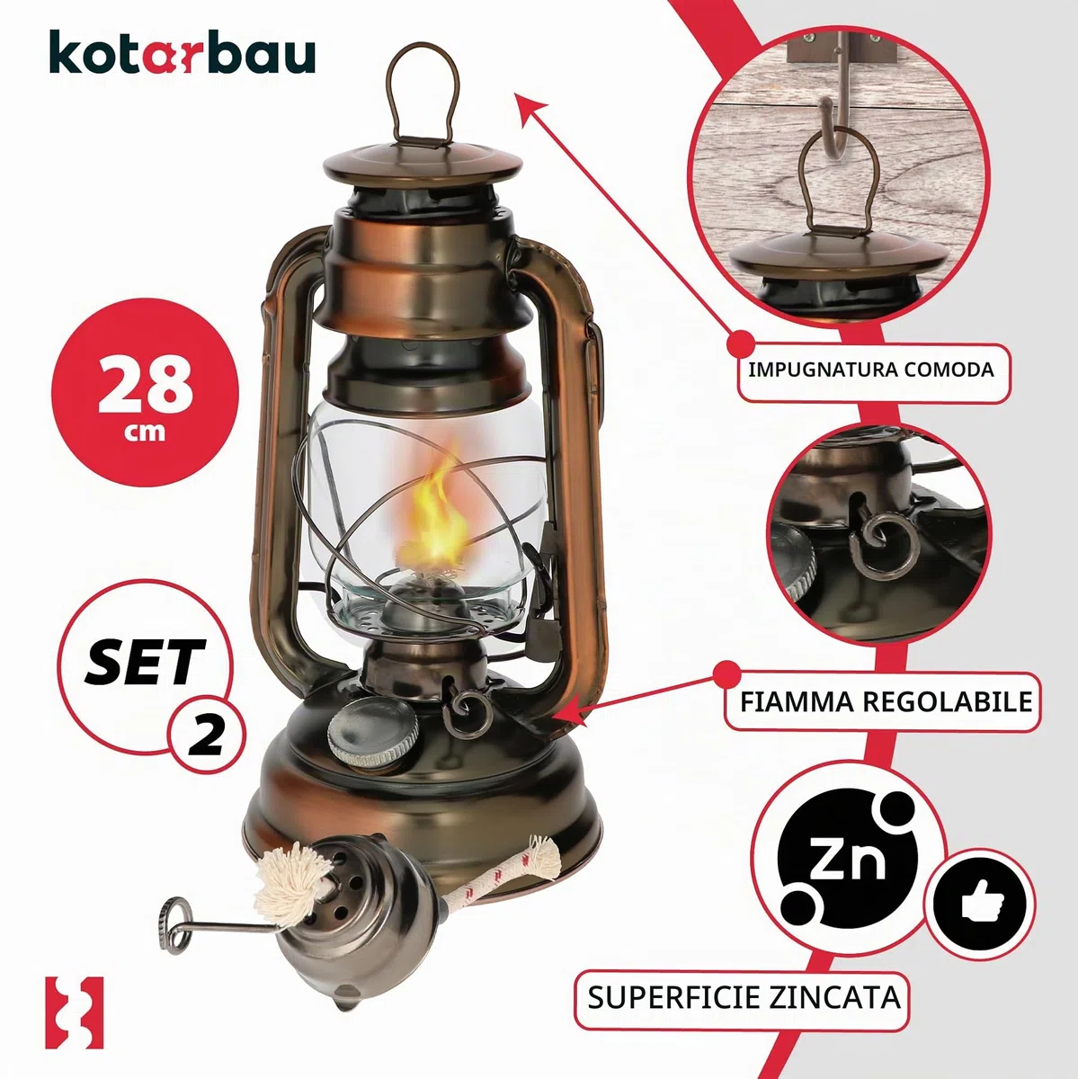 KOTARBAU Lampada a olio con porta stoppino, lampada a petrolio, ricaricabile, antica, lanterna resistente, bulbo in vetro, lampada da tavolo, lanterna, lampada da giardino, bronzo, da terra o sospesa