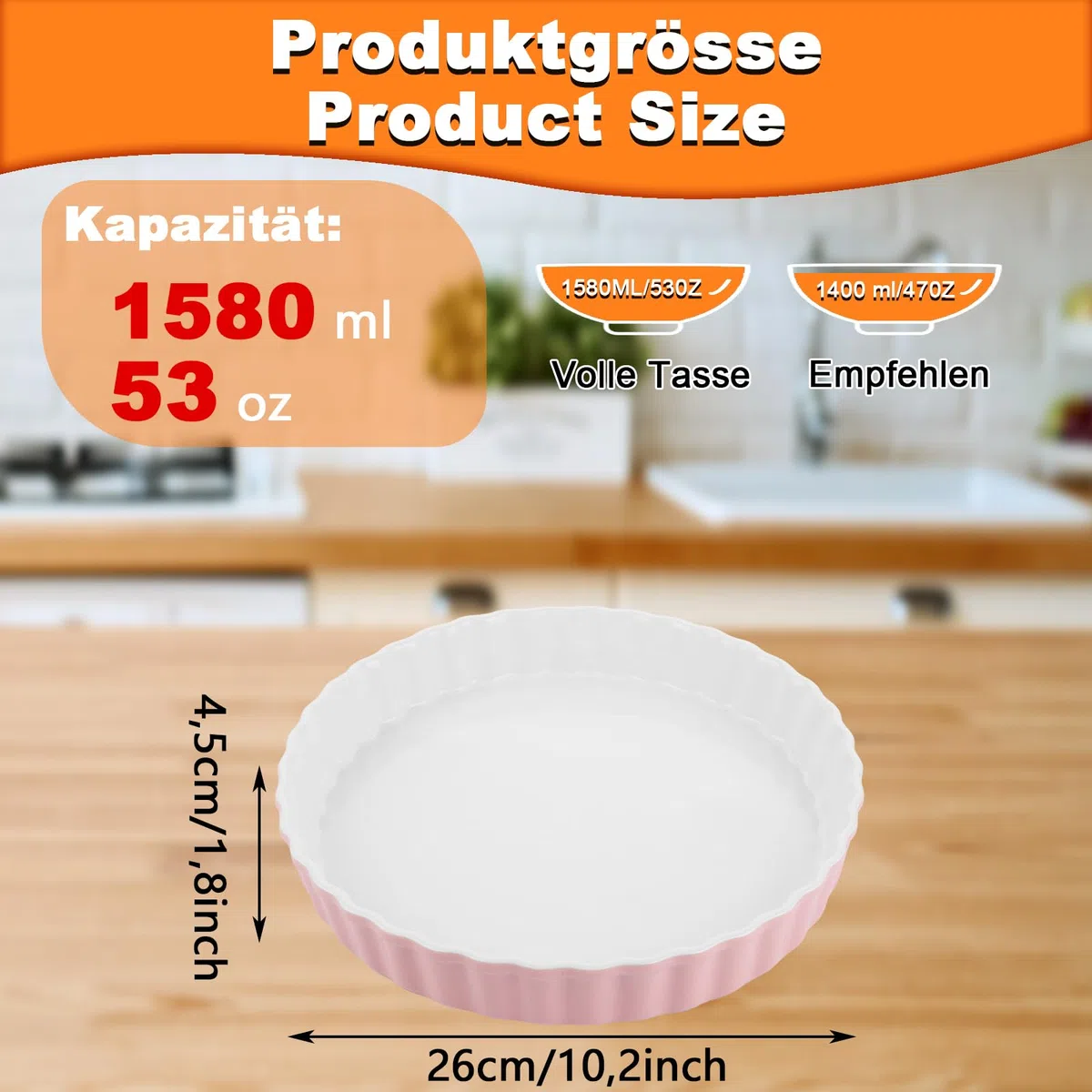 Teglia per quiche in ceramica, diametro 25 cm, rotonda, per torte, in ceramica, 26 x 26 x 4 cm