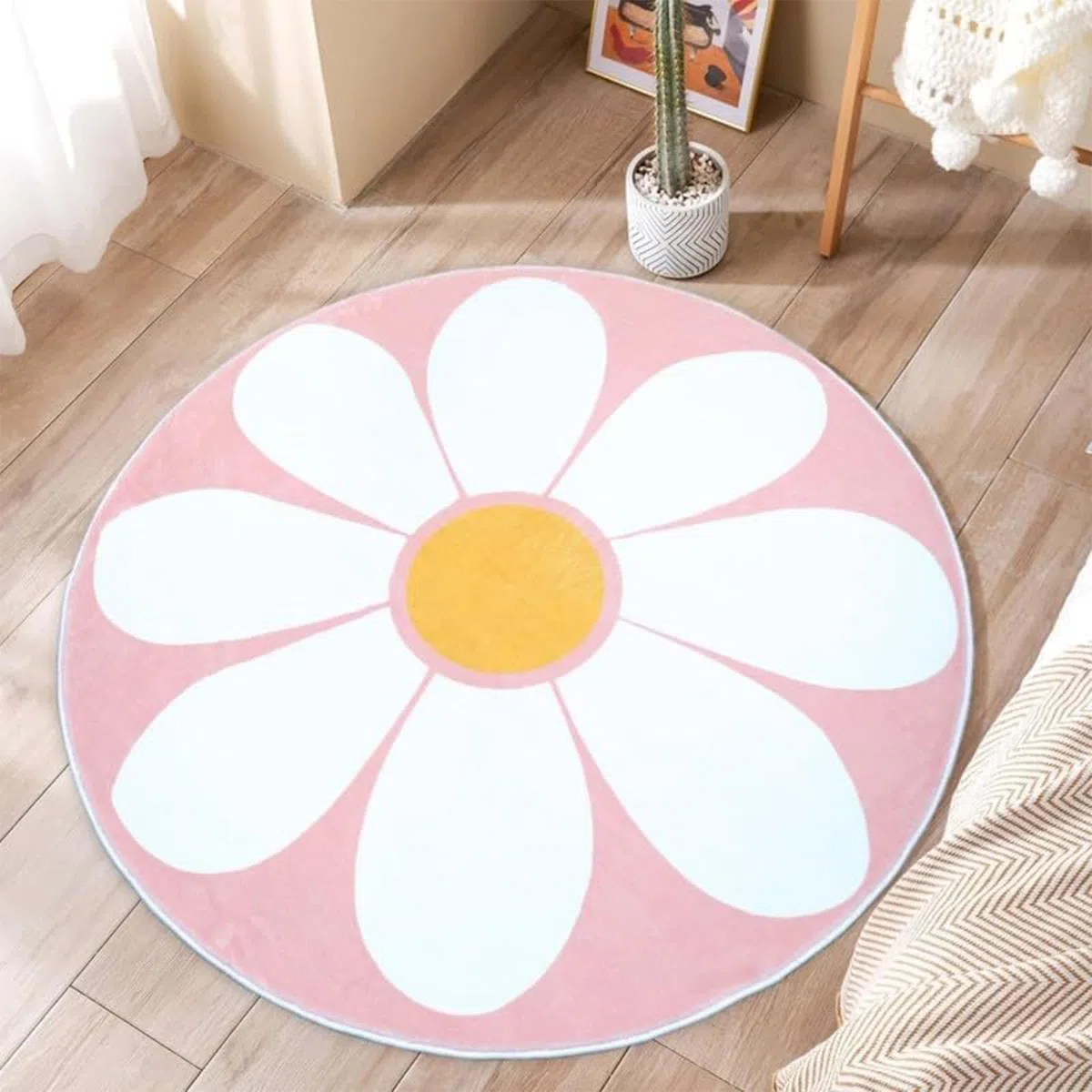 Tappeto rotondo per bambini, 120 cm, morbido, per soggiorno, camera da letto, cameretta dei bambini, sottile, facile da pulire, motivo: margherite