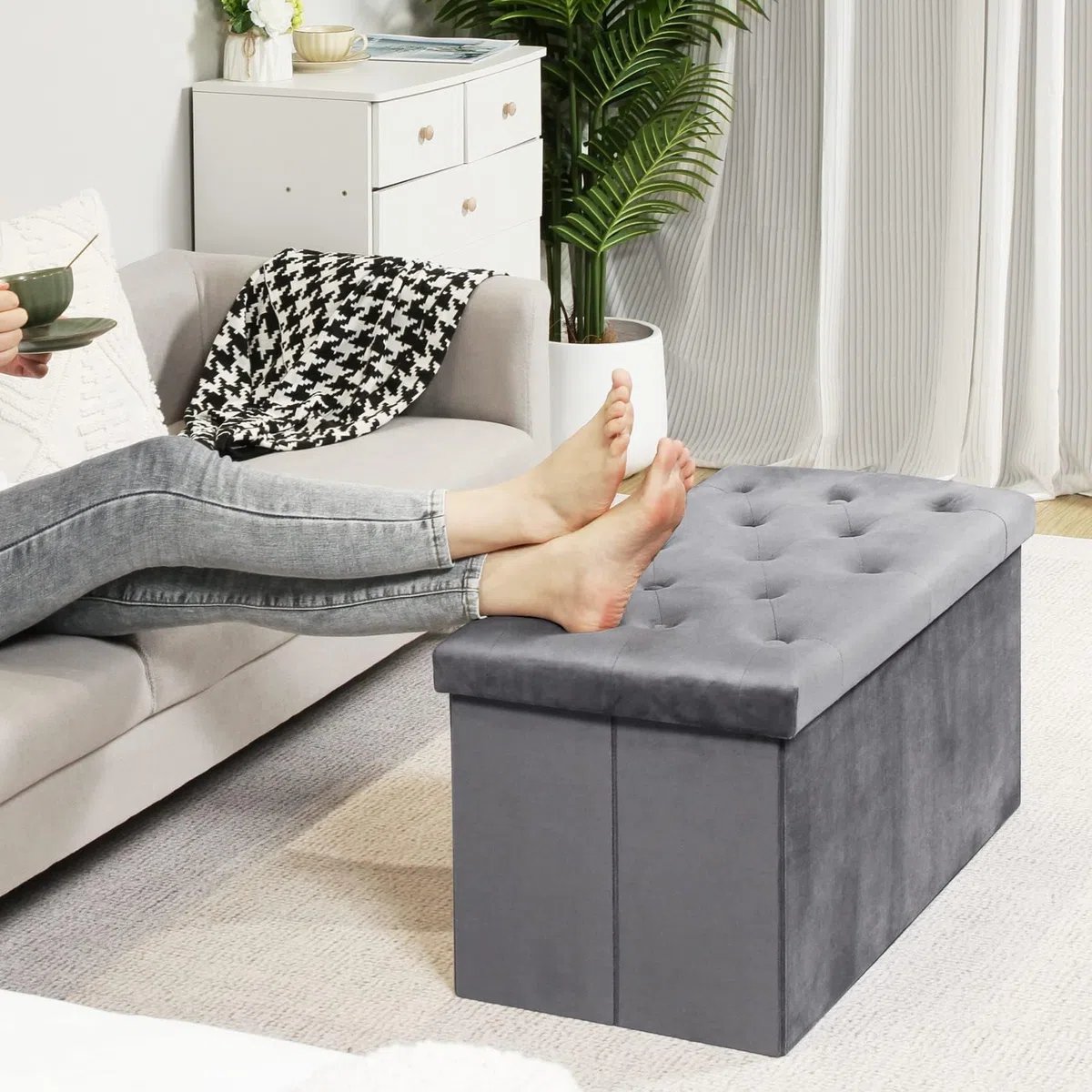 Bonlife Pouf Contenitore Velluto Poggiapiedi Camera da Letto Quadrato Cassapanca Bambini Sgabello di Stoccaggio Comodino Salvaspazio 80x40x40cm Grigio