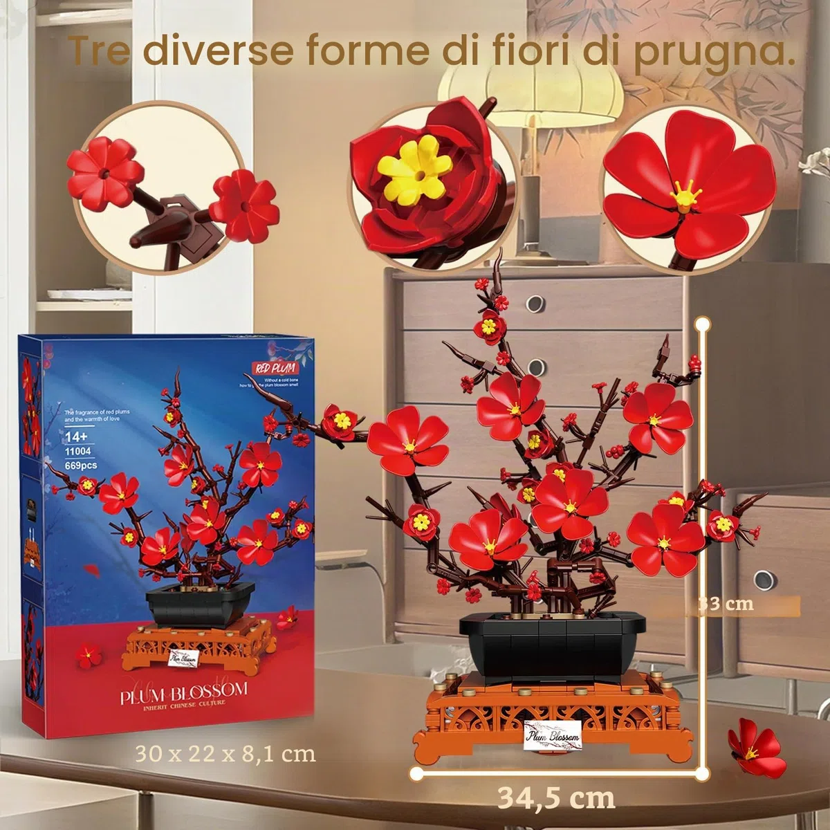Mavo brix Set di Costruzioni con Fiori di Pruno, Set di Vasi per, Collezione Botanica per Adulti, Arrangiamento di Mazzetto di Fiori, Decorazione per Sala, Casa e Ufficio, 669 Pezzi