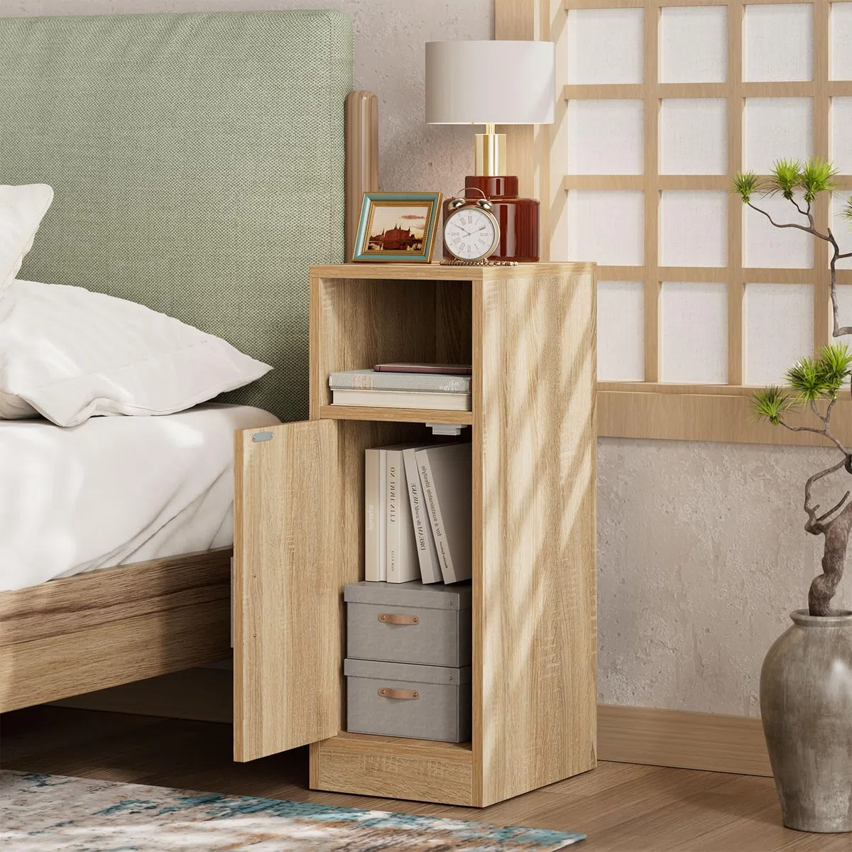 IBUYKE Set di 2 comodini sottili, comodino in rattan con scomparti aperti e armadio per piccoli spazi, tavolino laterale piccolo e stretto per camera da letto e soggiorno, naturale WNS012N-2