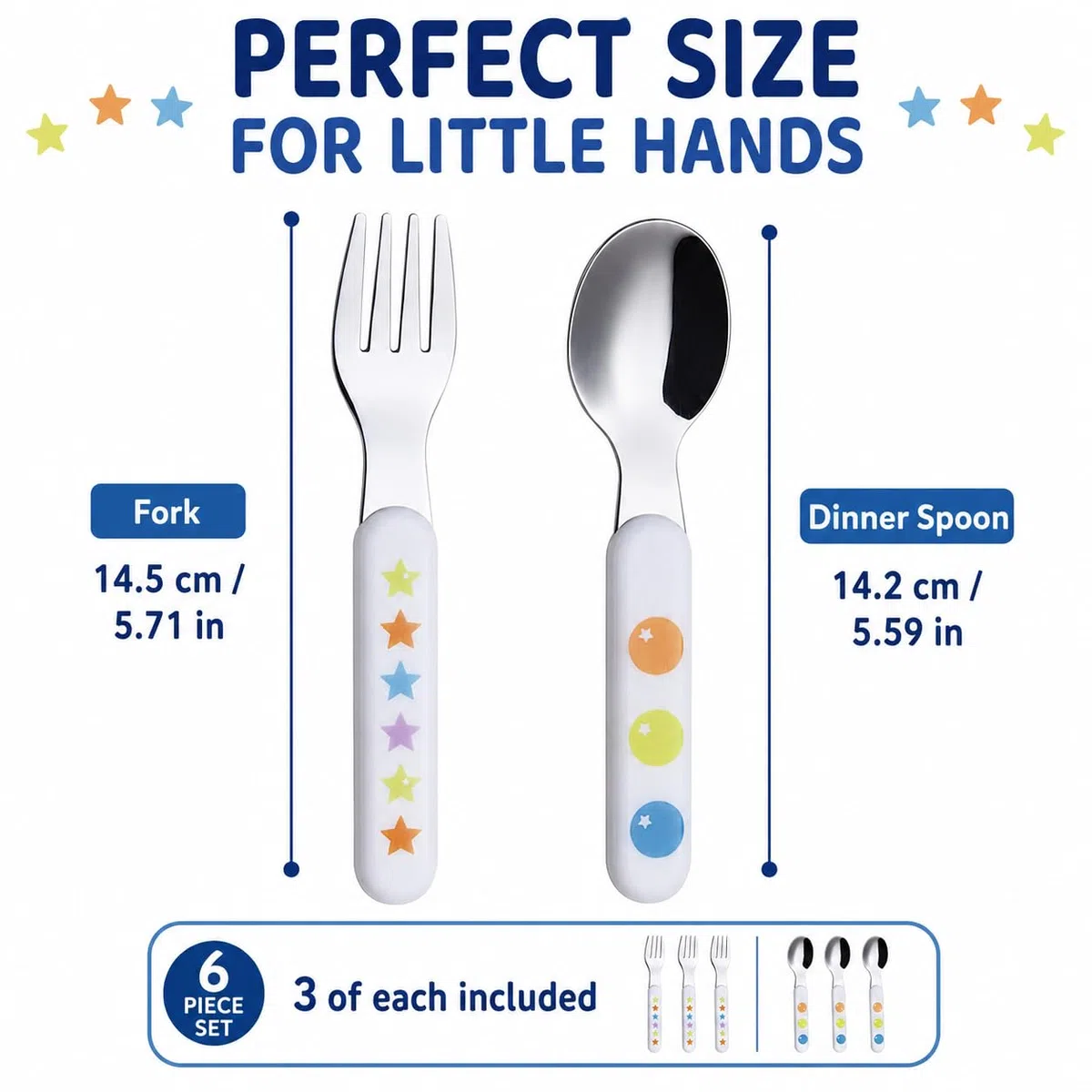 Exzact Posate per Bambini 6 Pezzi in Acciaio Inossidabile 18/10-3 x forchette, 3 x cucchiai da tavola - Manico in plastica, Utensili per Bambini Senza BPA - Stelle e Punti