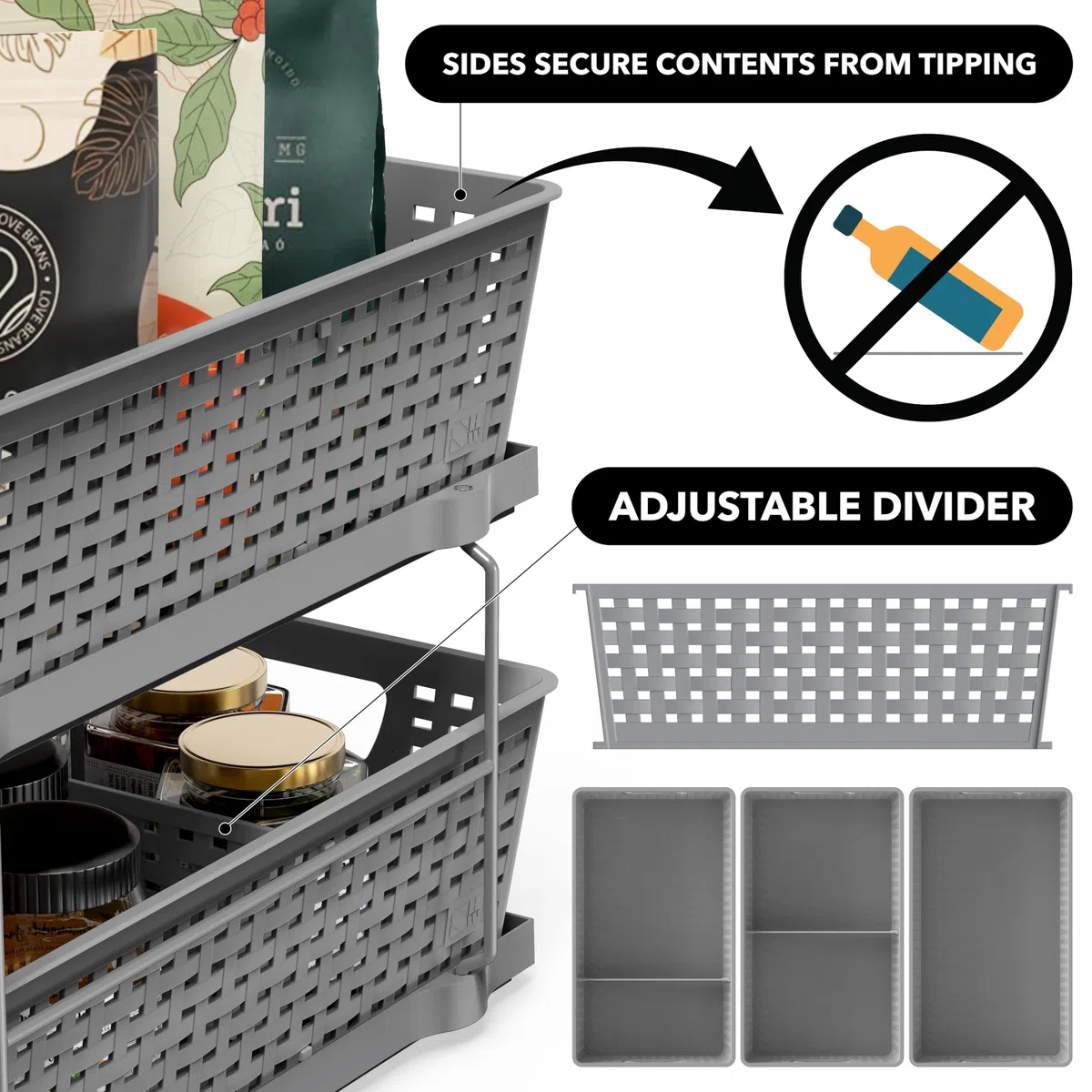 Simple Houseware Vassoio Organizer da Bagno a 2 Livelli, con cassetto Scorrevole Estraibile/sottolavabo, Grigio