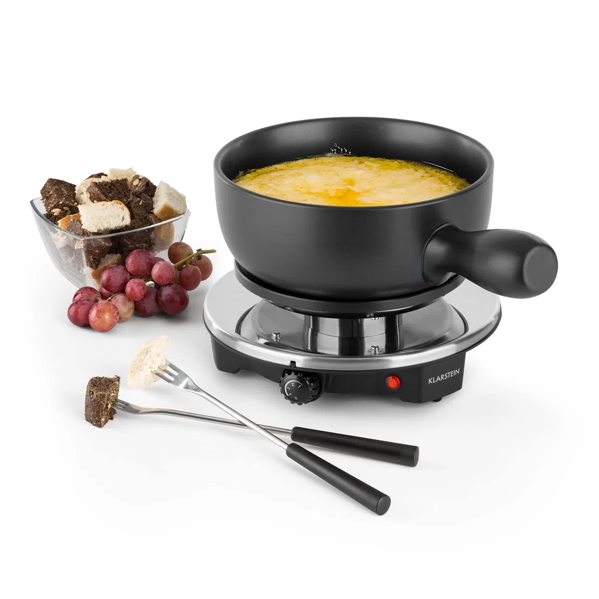 Klarstein Sirloin - Fonduta di formaggio, Grill party, Pentola in ceramica smaltata, Potenza 1200 W, Piastra riscaldante in alluminio pressofuso, Interruttore termostatico, Antiscivolo, Nero