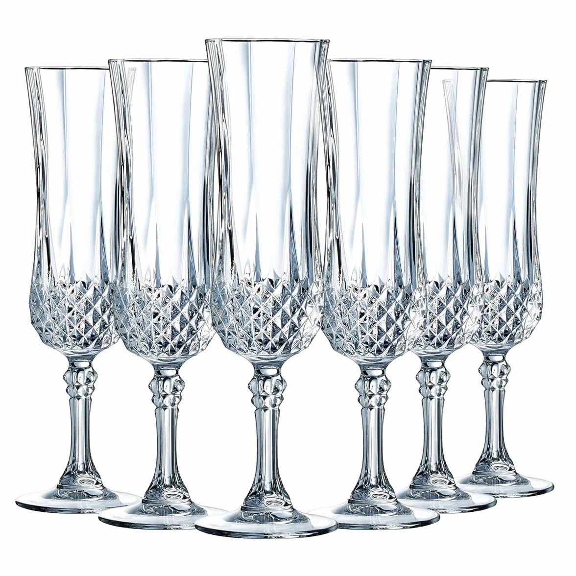 Cristal d'Arques Paris – Collezione Longchamp – 6 flauti da champagne 14 cl in Kwarx, trasparenza, modanature iconiche, made in France confezione rinforzata, adatto alla vendita online.