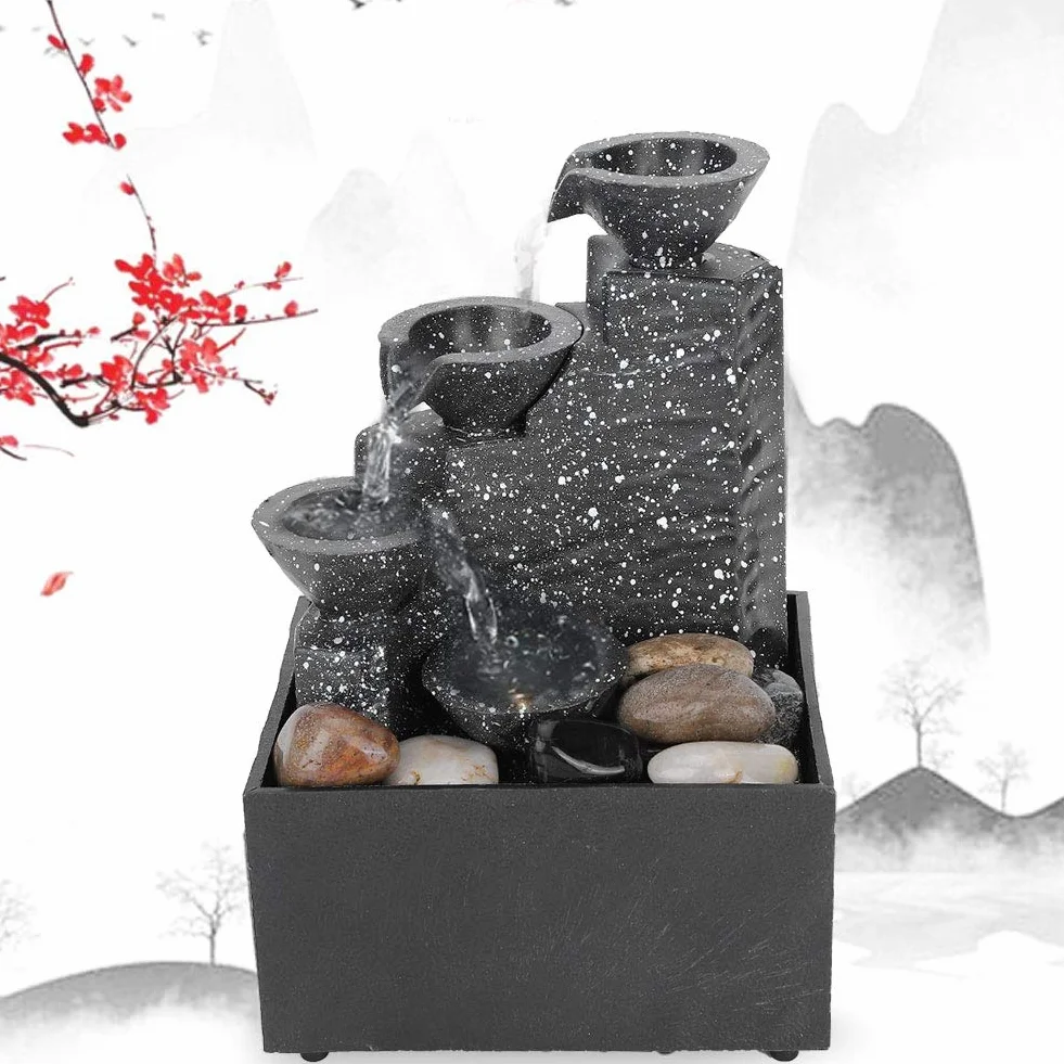 Fontana Zen da Interno d'acqua da tavolo,USB cascata LED a 3 livelli,Ornamenti Feng Shui per interni Suono dell'acqua calmante e rilassante per la decorazione dell'ufficio