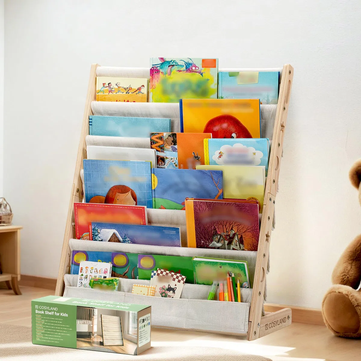 COSYLAND Libreria Montessori per Bambini Con 6 Scomparti in Tessuto Oxford - Libreria per Bambini in Legno Naturale - Libreria Montessori Con Bordi Arrotondati e Design Spazio-Saving(Naturale)