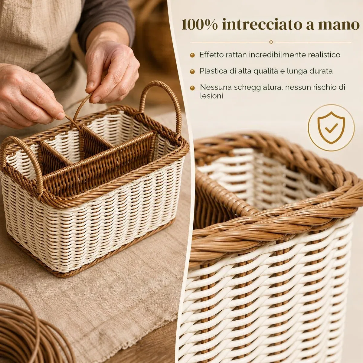 HEMOTON Portaposate in rattan, cestino per posate intrecciato da tavolo, portaposate per posate e utensili con manici e 4 scomparti divisori, per cucina, sala da pranzo, giardino o picnic