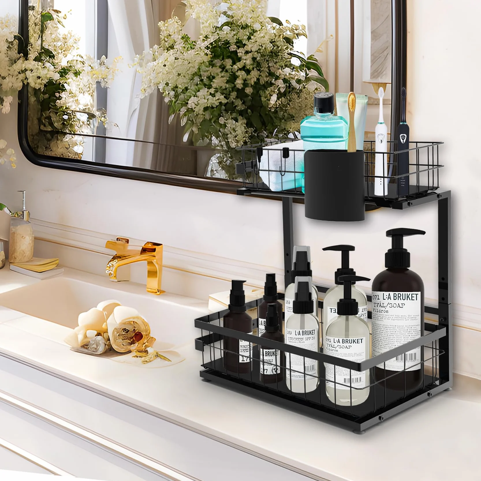 Organizzatore sotto il lavandino, 2 ripiani sotto il lavandino, organizer estraibile in metallo per cucina, bagno, dispensa, armadio, armadio organizzativo rack