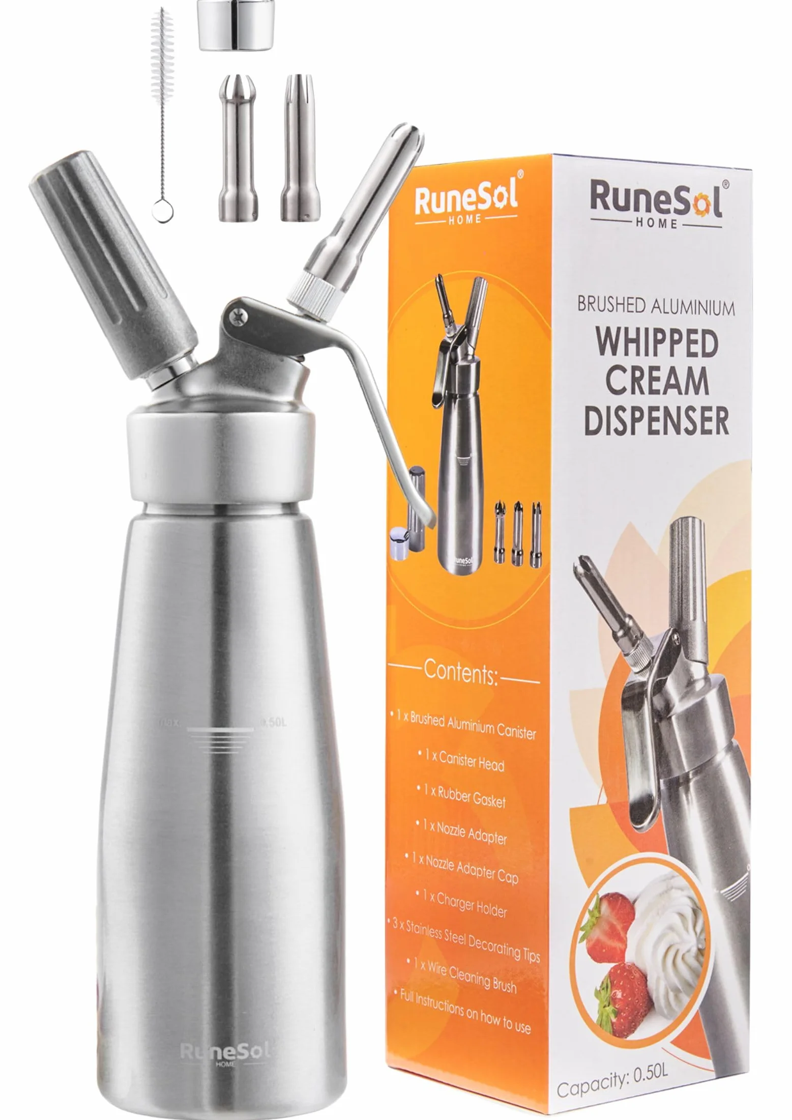 RuneSol Sifone per Cucina Alluminio 500ml con 3 Ugelli Acciaio Inox, Sifone da Panna Montata, Sifoni per Spume Panna Monta Professionale per Decorazione Pasticceria e Dessertf