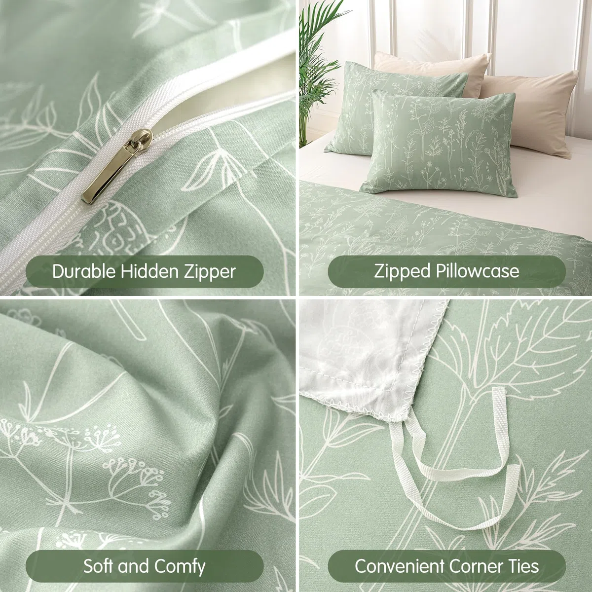 Tokokimo Set Copripiumino Matrimoniale 240x220 cm 100% Microfibra Stile Rami e Foglie Dipinti a Mano, Copripiumone Morbido e Resistente Alle Rughe, 1 copripiumini + 2 Federa 50x80, Verde Salvia