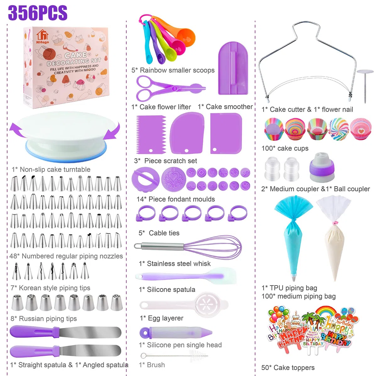 Kit Pasticceria Decorazioni Torte Set 356pcs, Nifogo Utensili Pasticceria con Giradischi, Beccucci, sac a Poche, Decorazioni Torta Compleanno, E-libro