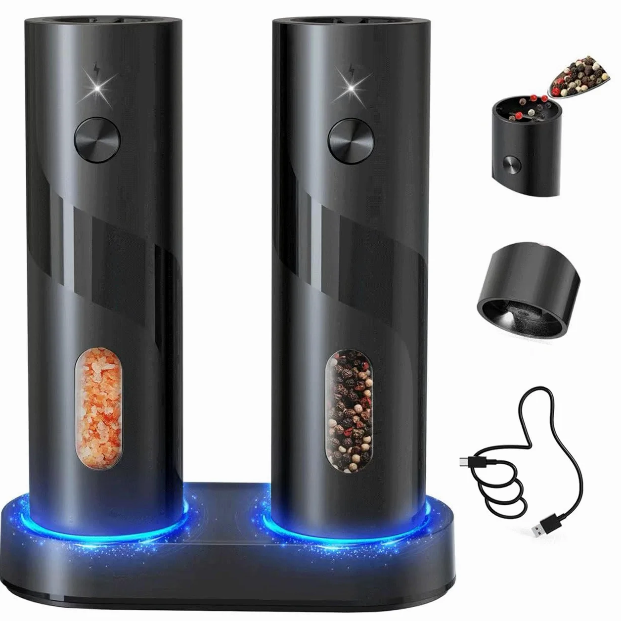 CIRCLE JOY Set Macina Sale e Pepe Elettrico Ricaricabile con Base di Ricarica, Capacità 110 ml, Grana Regolabile e Luce LED Bianca, Nero