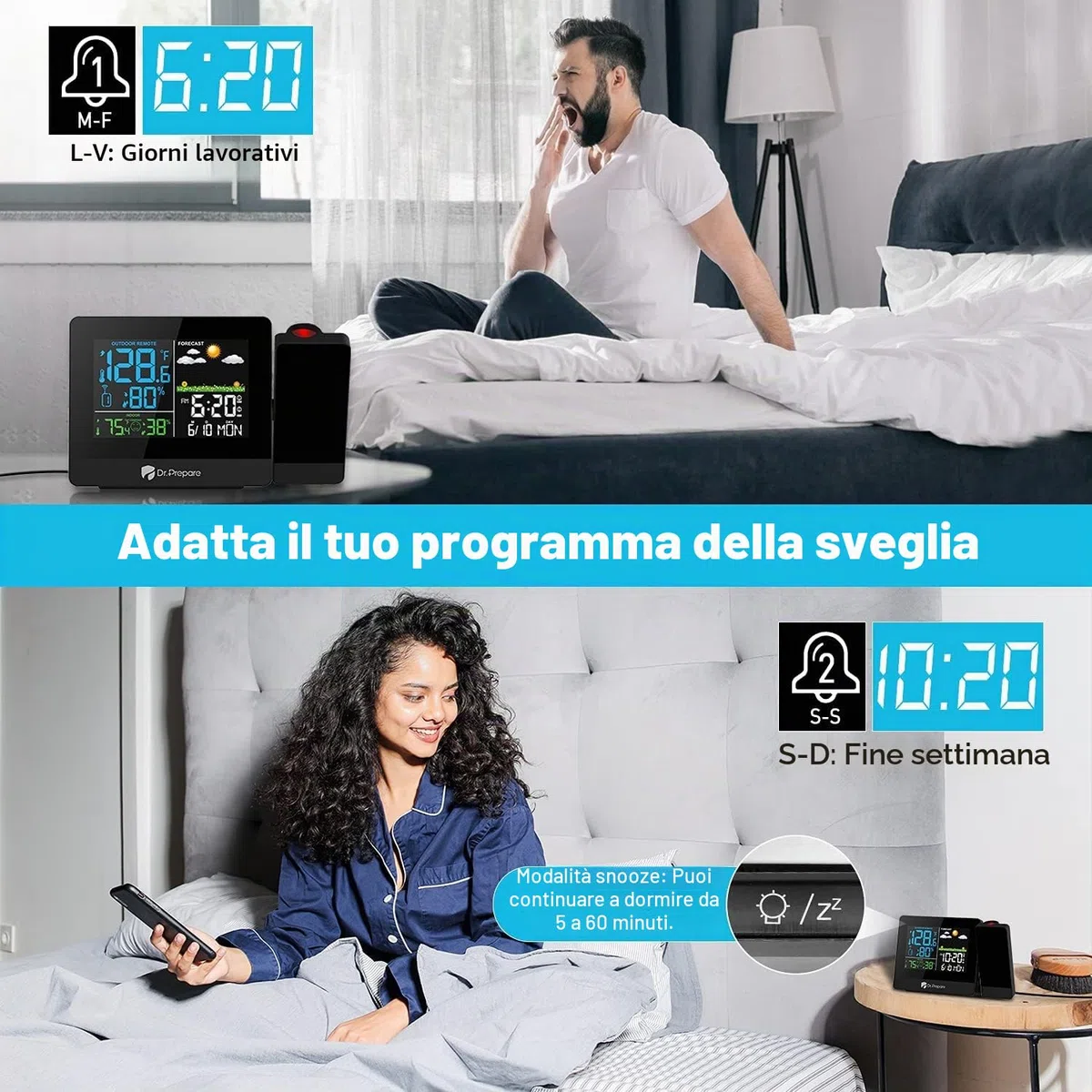 DR.PREPARE Sveglia con Proiettore Sveglia Proiezione Soffitto con Stazione Meteo Sensore Esterno Visualizza Temperatura Umidità Interna e Esterna per Camera da Letto Comodino.