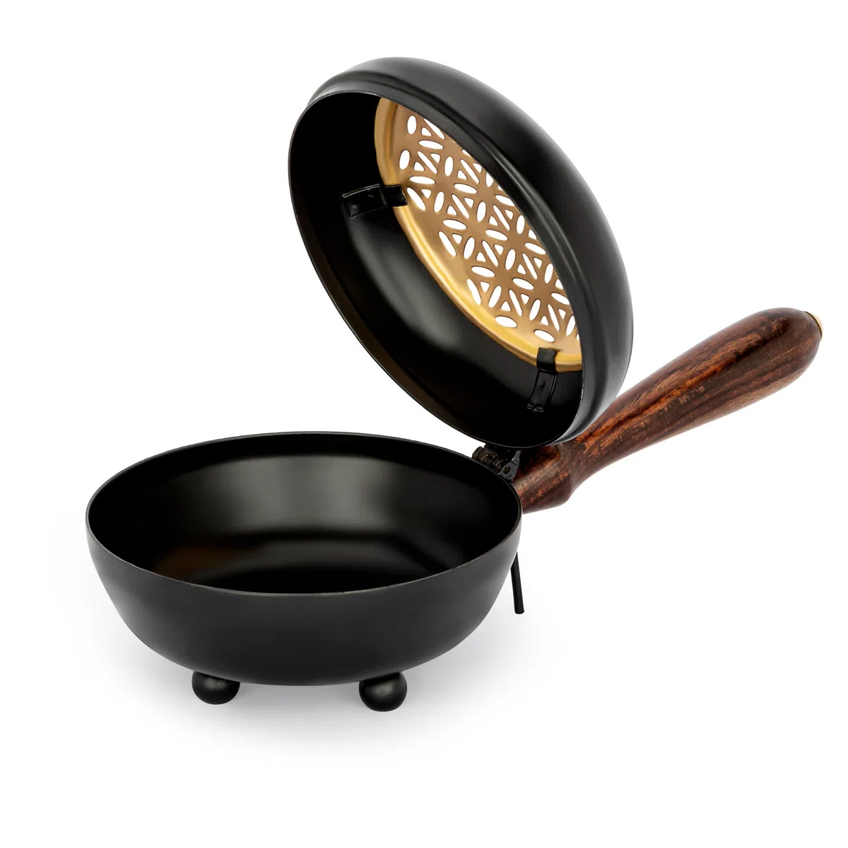 NKlaus bruciatore d'incenso fiore della vita metallo nero manico in legno 24x12x7cm bruciatore d'incenso 14651